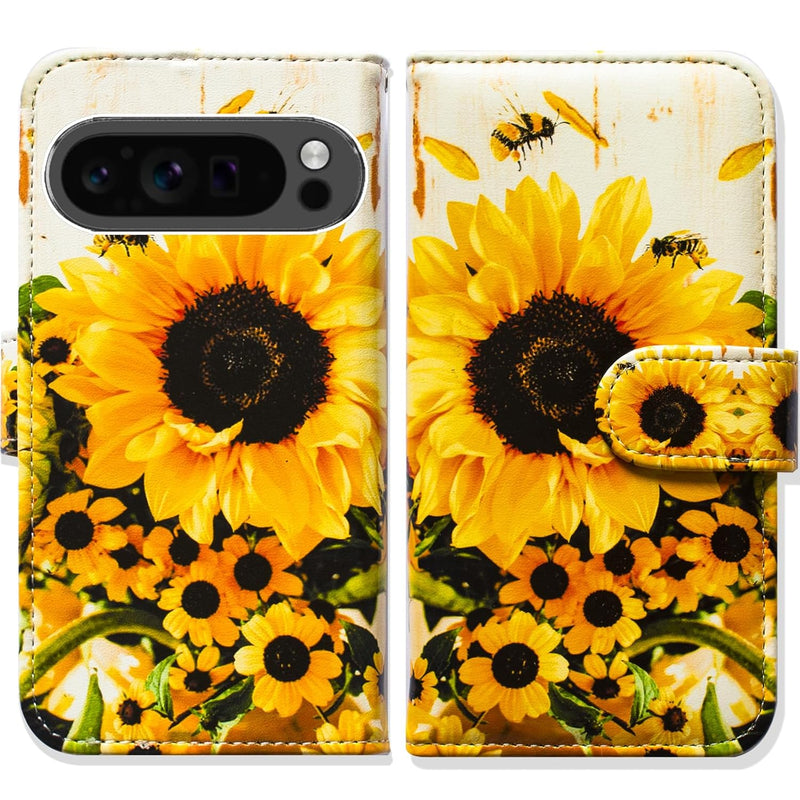 Pixel 9 Pro XL Sunflower Bee Wallet Case, Flip Cover, Card Slot, Kickstand