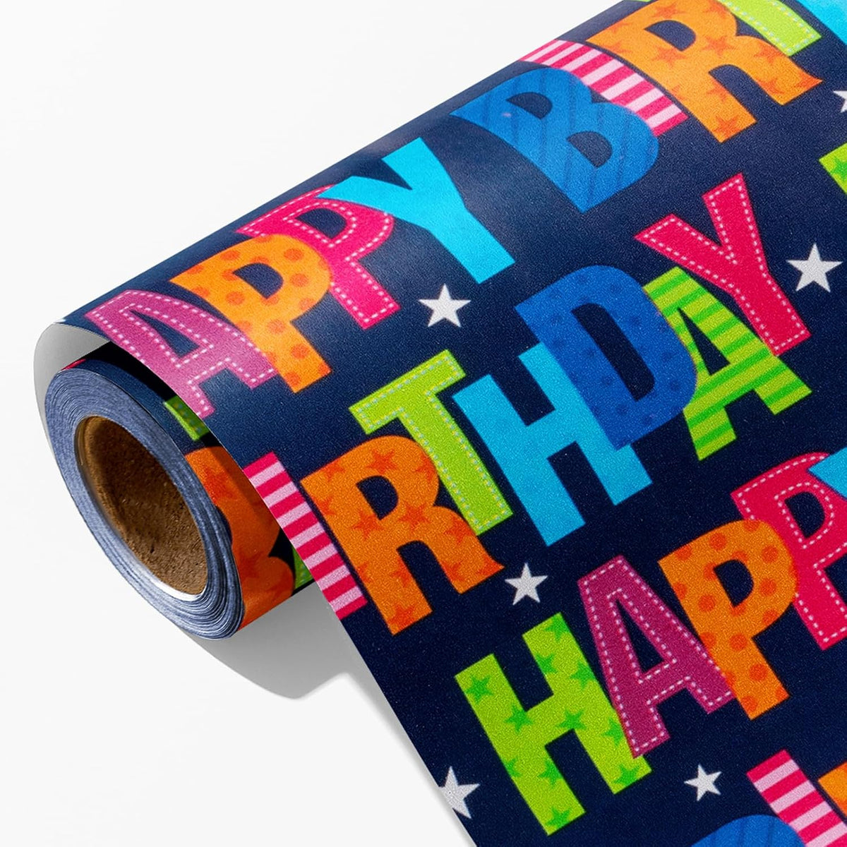 Birthday Wrapping Paper - Mini Roll - 17 Inchx 32.8 Feet - Colorful Happy Lettering On Blue Paper Design Gift Paper Perfect For Boys Girls Birthday,Baby Shower, Party
