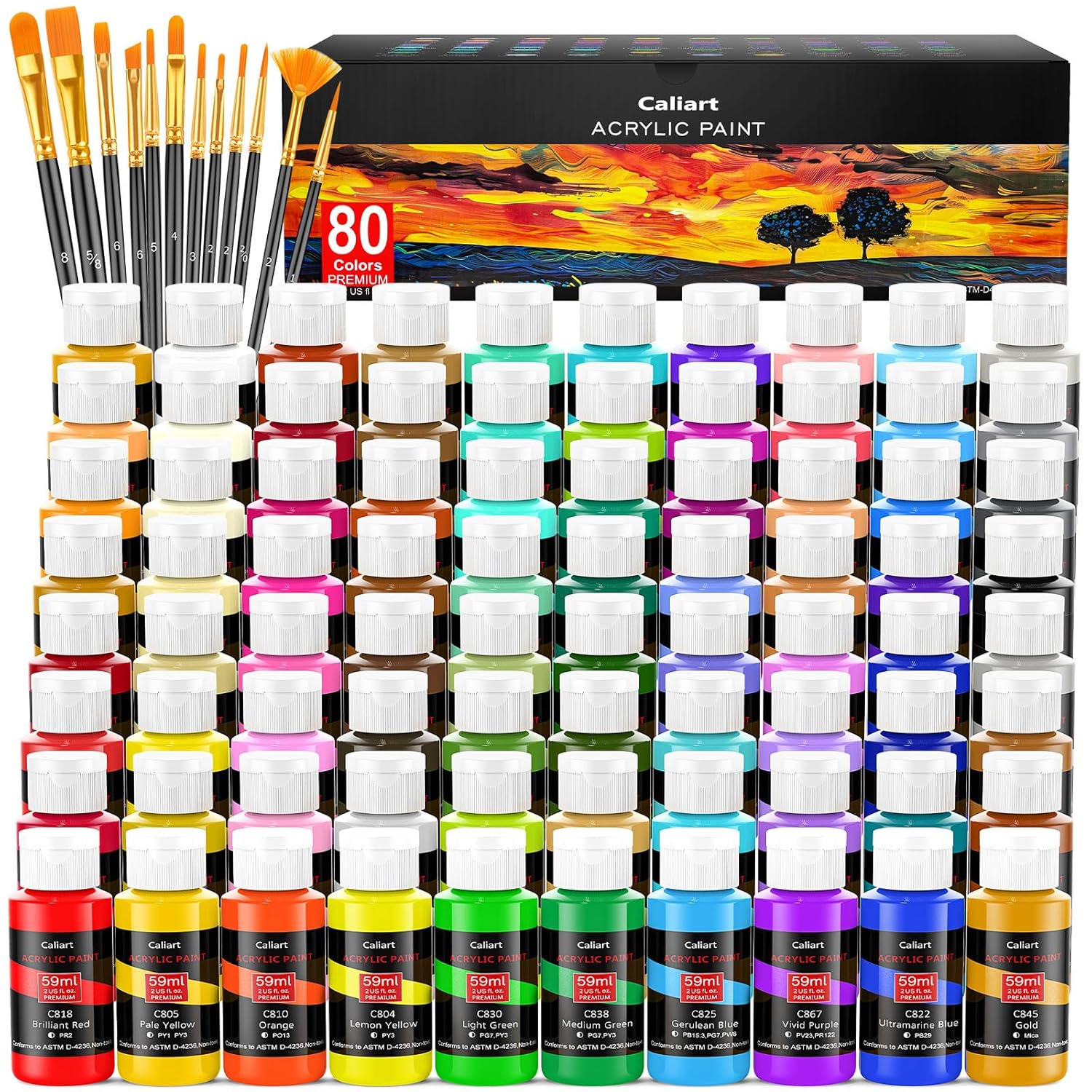 Acrylic Paint Set, 80 Colors (2Oz/Bottle) With 12 Brushes, Art Supplies Craft Paints Water Proof, Premium For Adults Artists Beginners Painters, Canvas Pumpkin Ceramic Wood Fabric Rock Painting Kit