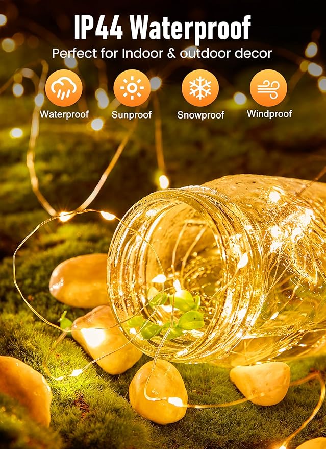 2 Pack 33FT 100 LED Fairy Lights Battery Operated Warm White Waterproof Copper Wire String Lights for Mason Jars Wedding Christmas Party Home Decor