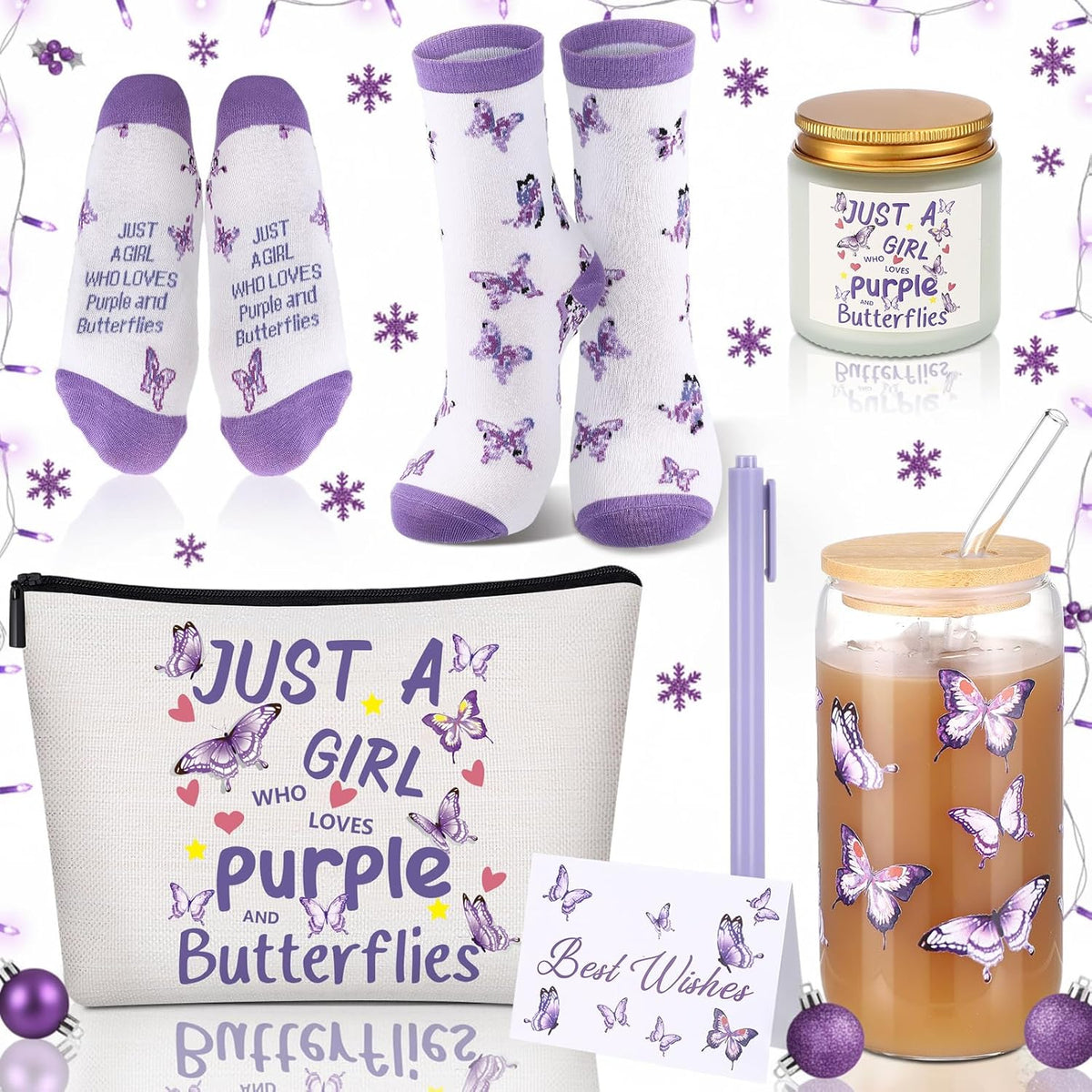 Purple Butterfly Gifts Set Of 6 Butterfly Makeup Bag Scented Candle Glass Cup With Lids And Straws Sock Greeting Card Pen For Women Lady Mothers Day Wife Girlfriend