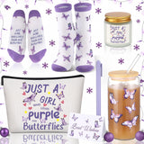 Purple Butterfly Gifts Set Of 6 Butterfly Makeup Bag Scented Candle Glass Cup With Lids And Straws Sock Greeting Card Pen For Women Lady Mothers Day Wife Girlfriend