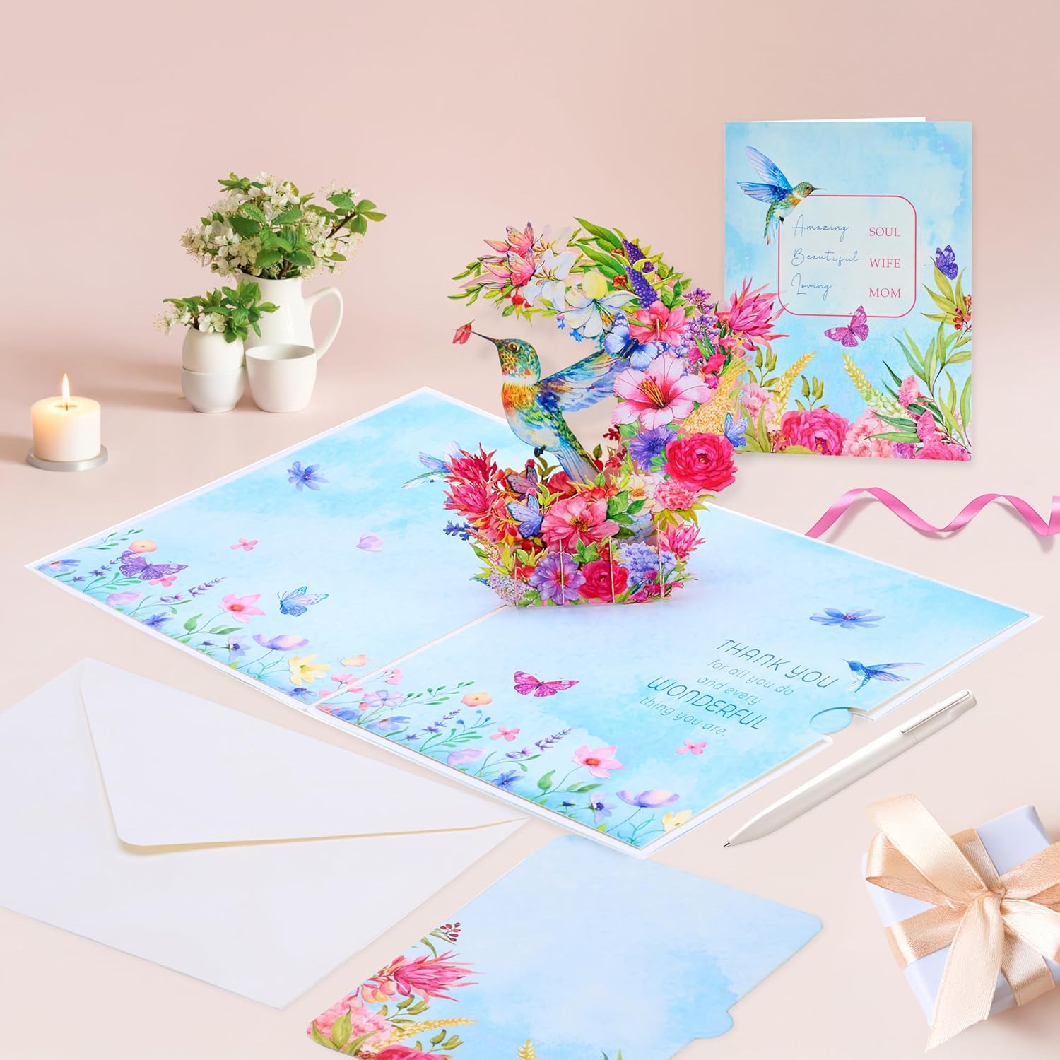 3D Pop Up Card – Hummingbird And Blooming Garden Design | Handcrafted Greeting Card For Wife, Husband, Girlfriend, Mom, Dad, Mother, Father | Heartfelt Gift For Birthday, Get Well, Thank You, Anniversary Or Appreciation