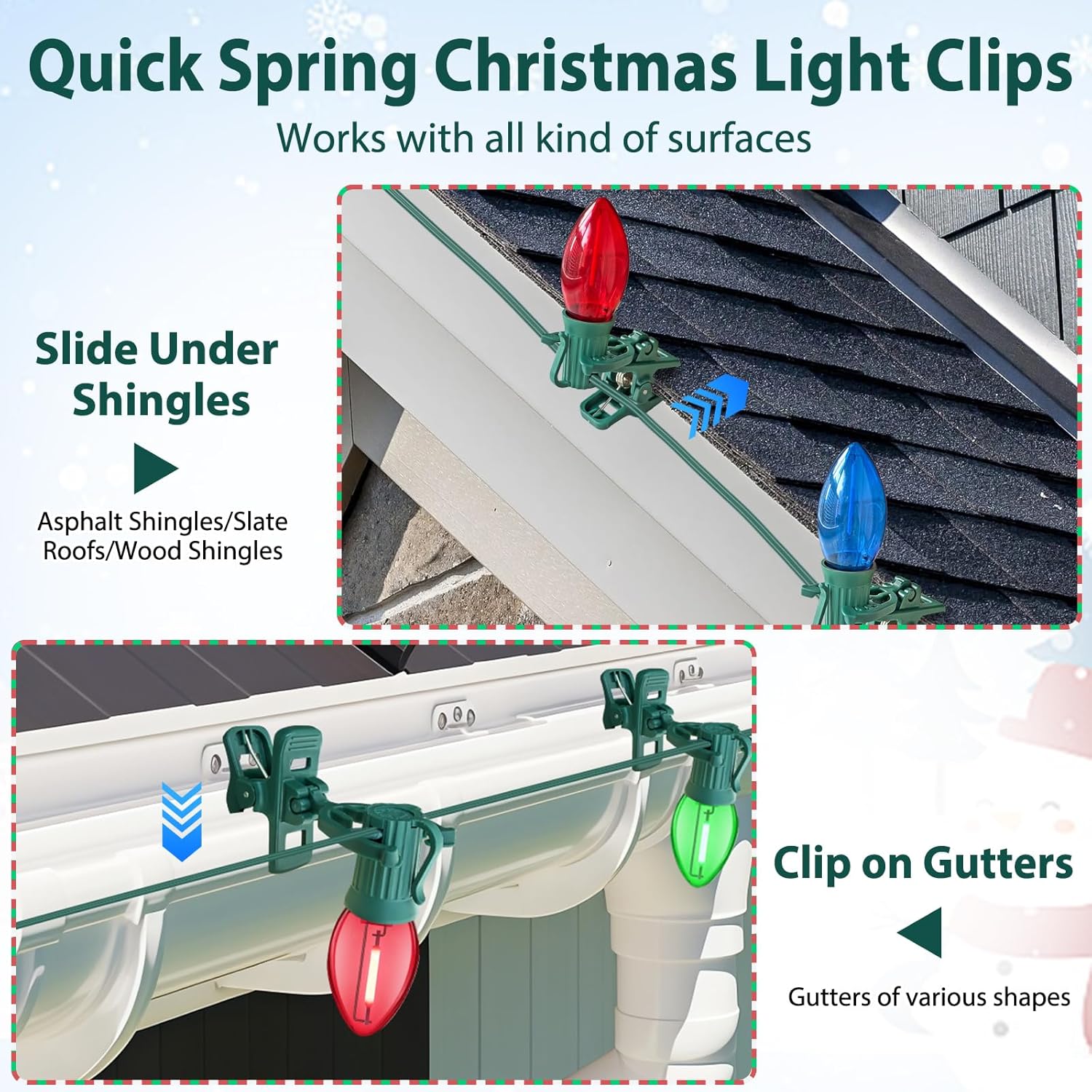 C7 C9 Christmas Light Spring Clips, 100Pcs Universal Heavy Duty Quick Christmas Light Clips, Fit E12/E17 Base, Holiday Mini Rope Lights, Perfect For Gutter Shingle Metal Roof Fence Railing Trees