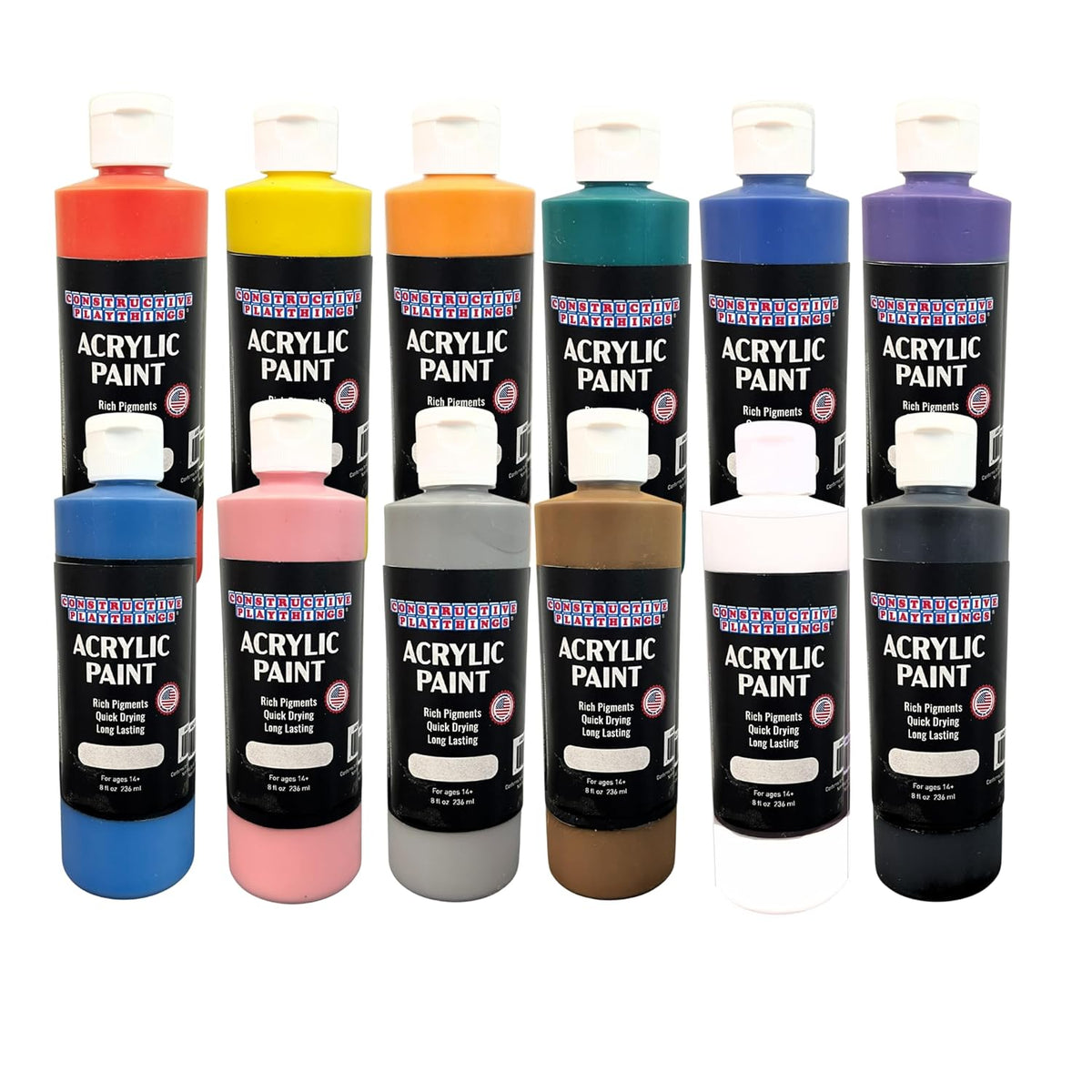 Constructive Playthings Acrylic Paint Set – 12 Vibrant 8 oz Bottles Made in the USA – Thick, Rich Pigment for Rock Painting, Pouring, Fluid Art & Canvas Painting