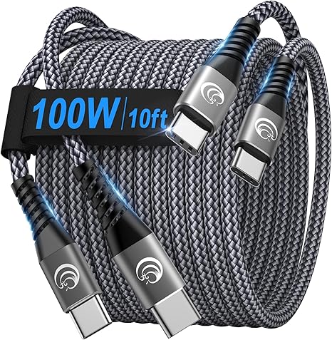 2 Pack 100W USB C to USB C Fast Charging Cable 10FT Braided Type C Charger for iPhone 16 15 MacBook Samsung Pixel PS5