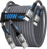 2 Pack 100W USB C to USB C Fast Charging Cable 10FT Braided Type C Charger for iPhone 16 15 MacBook Samsung Pixel PS5