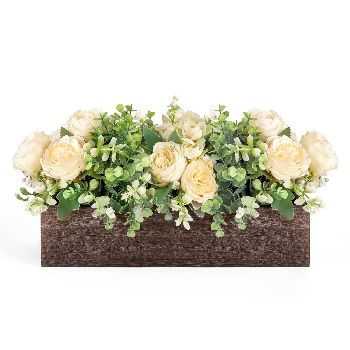 Centerpiece Table Decorations For Dining Room Farmhouse Table Centerpieces Decor Wood Tray With 3 Artificial Flowers And 2 Eucalyptus For Living Room Kitchen Table, 14.1" X 4.7" X 3.1"