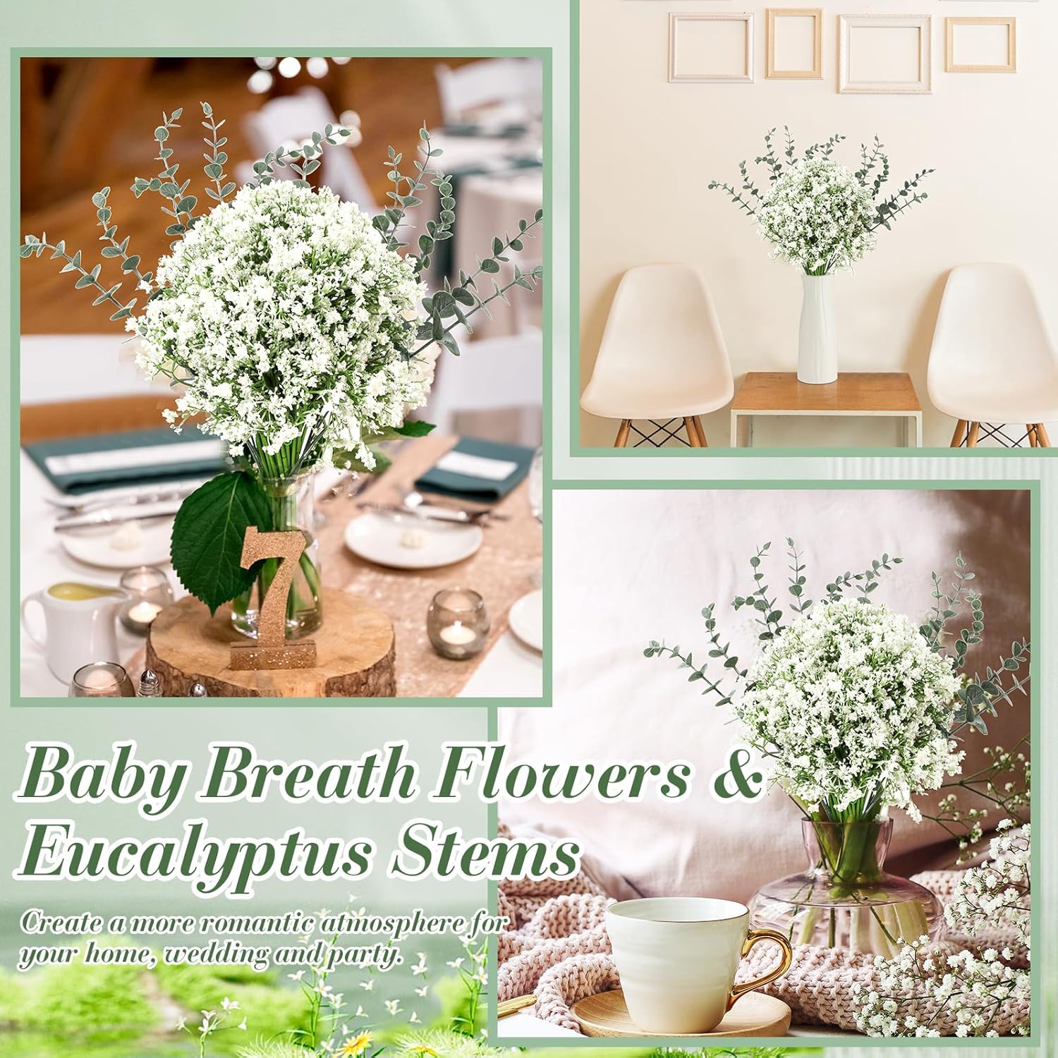 80 Pcs Babys Breath Artificial Flowers Bulk Babys Breath Flowers Gypsophila Bouquets With Faux Eucalyptus Stems Leaves For Wedding Bouquet Party Filler Home Decor