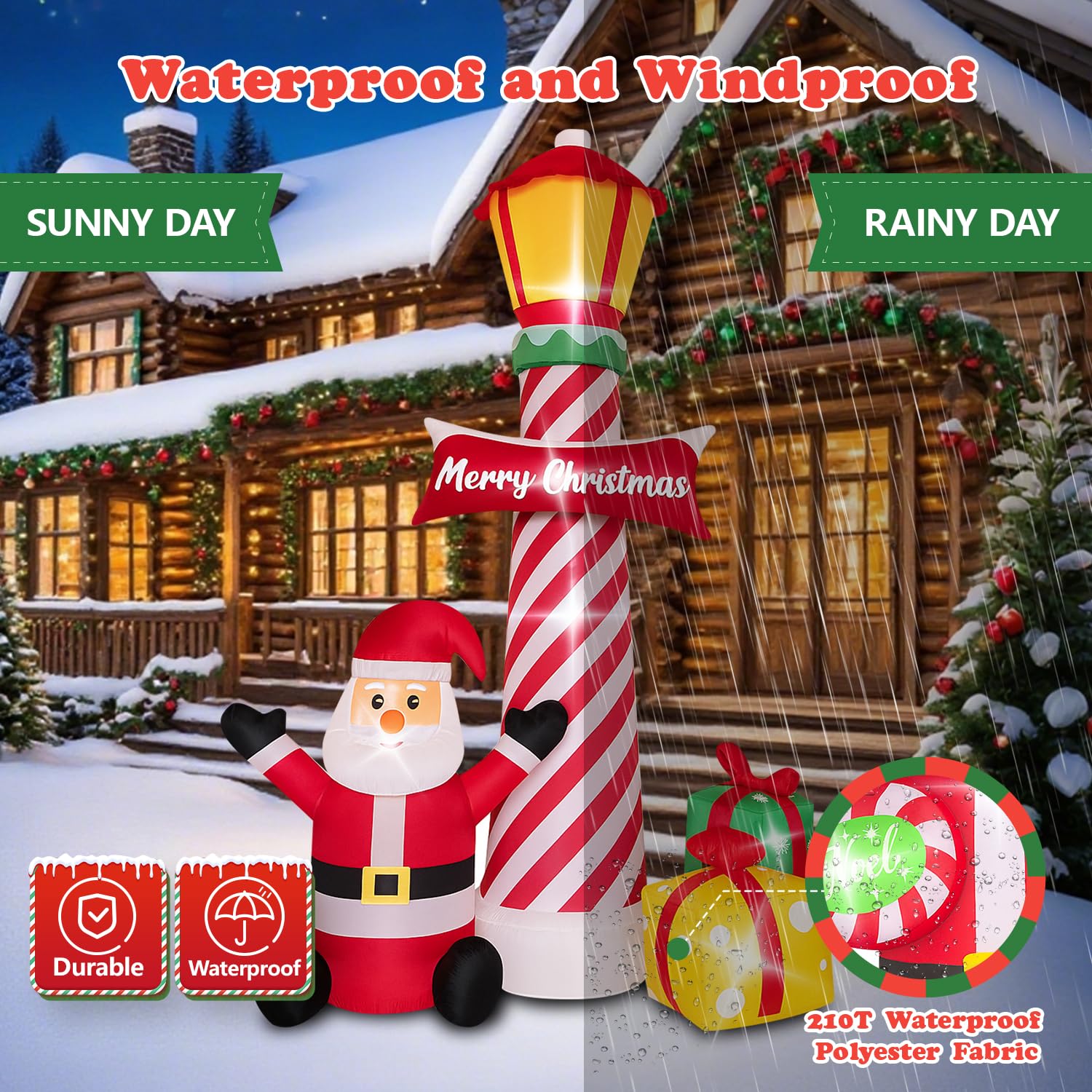 8Ft Christmas Decorations Outdoor Inflatables Giant Santa Claus Stands Under The Lighthouse With Gift Box, Blow Up Built