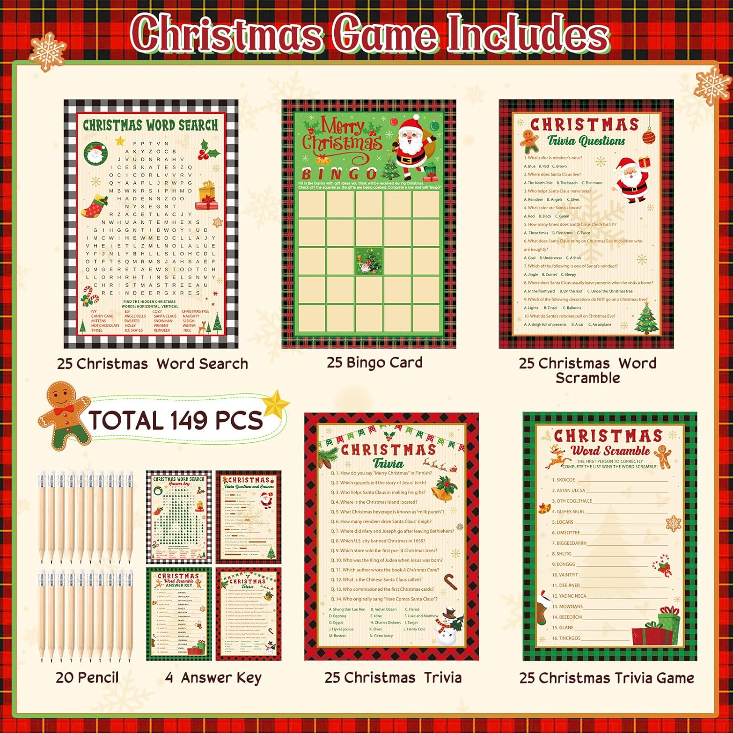 149 Pcs Christmas Party Games For Adults 25 Players Winter Word Search Scramble Trivia Bingo Game Paper Cards For Xmas Holiday Family Large Group Activities Party Supplies(Santa)