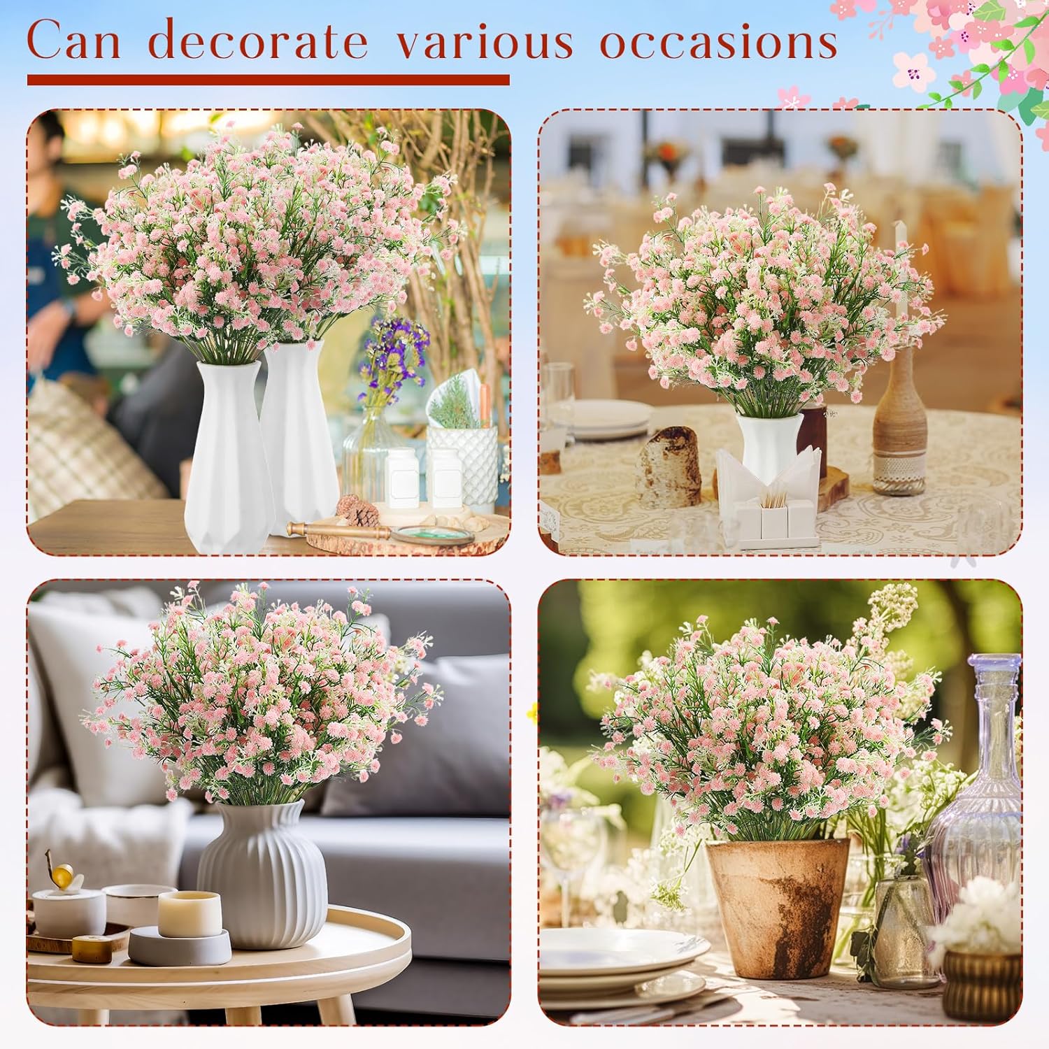 12 Pcs Spring Babys Breath Flowers Wedding Artificial Flowers Bulk Fake Gypsophila Babys Breath Bouquet Sprays Faux Floral For Home Vase Floral Arrangement Mother'S Day Decor(Light Pink)