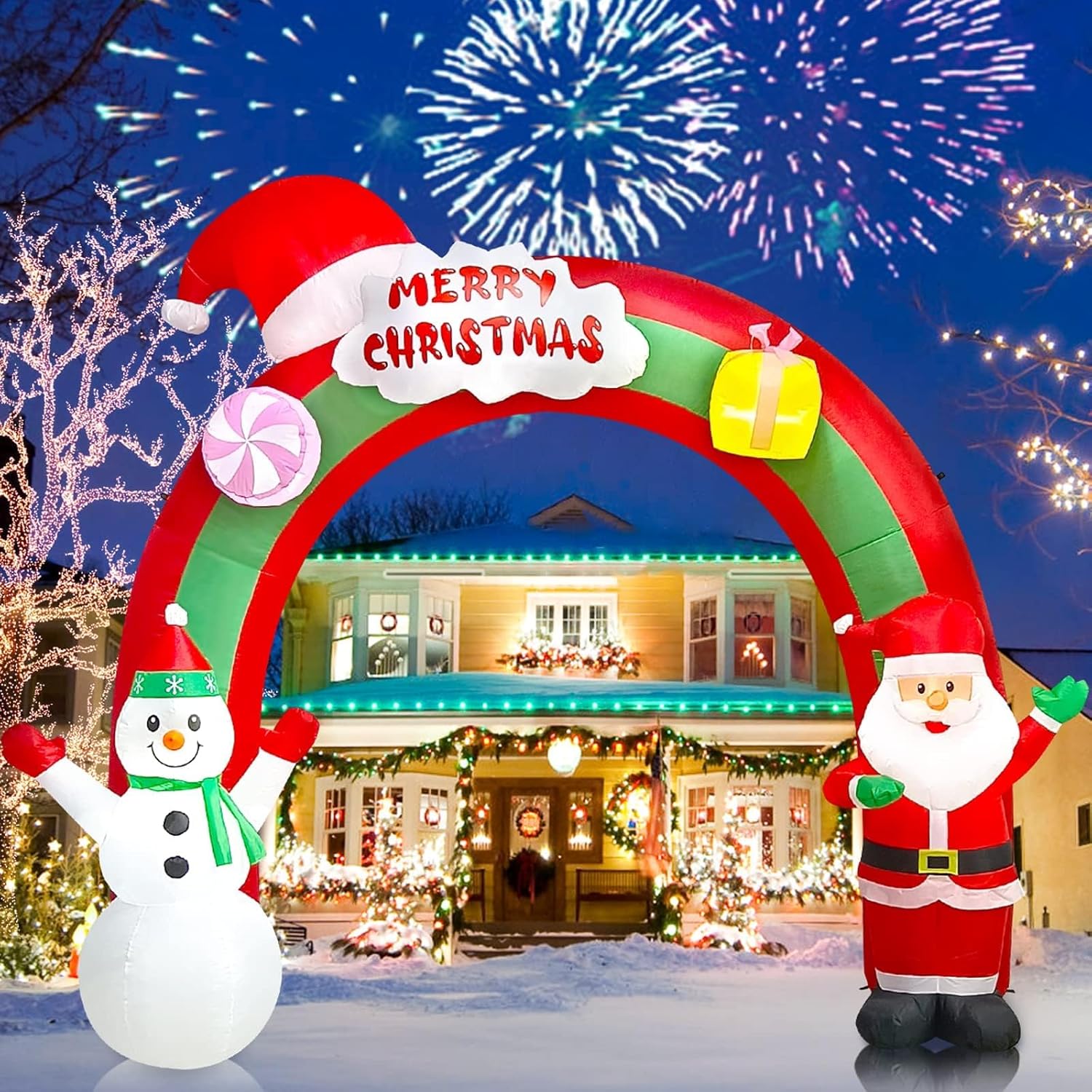 10 Ft Christmas Inflatable Santa Claus Snowman Rainbow Archway Decorations With Build-In Leds, Holiday Inflatables Decor