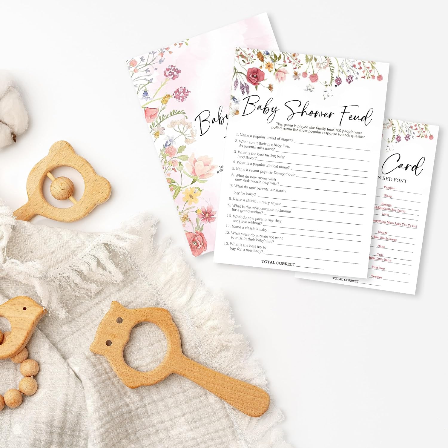 Floral Fill In Baby Shower Game Cards - Baby Shower Feud Game For Boys & Girls - Watercolor Flowers Baby Announcement Gender Reveal Baby Shower Party Activities For New Parents To Be - B10