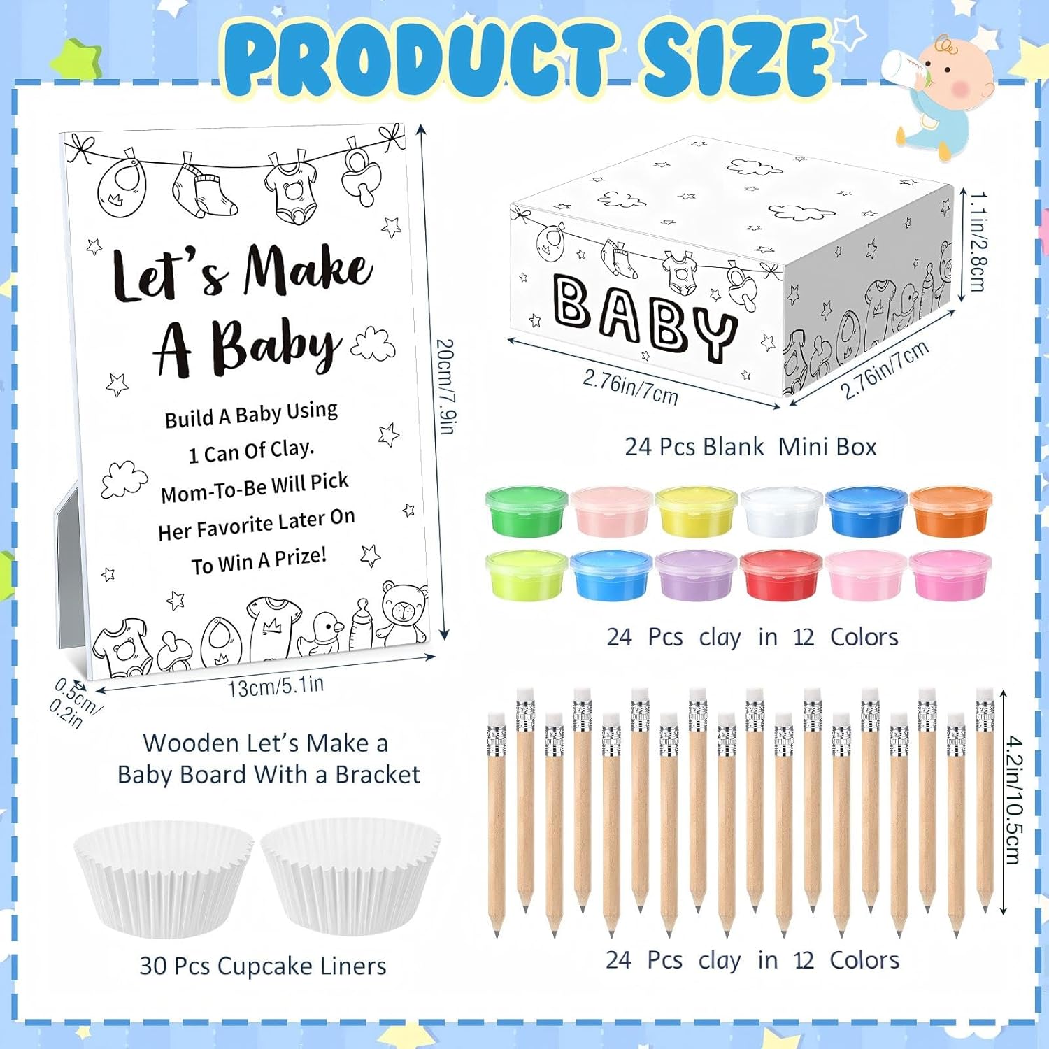 Funny Baby Shower Games Decorations Let'S Make A Baby Playdough Game Sign Set 24 Play Doughs 24 Pencils Shower Gender Reveal Game Activities Adults Boys Girls(Black And White Babysuit)