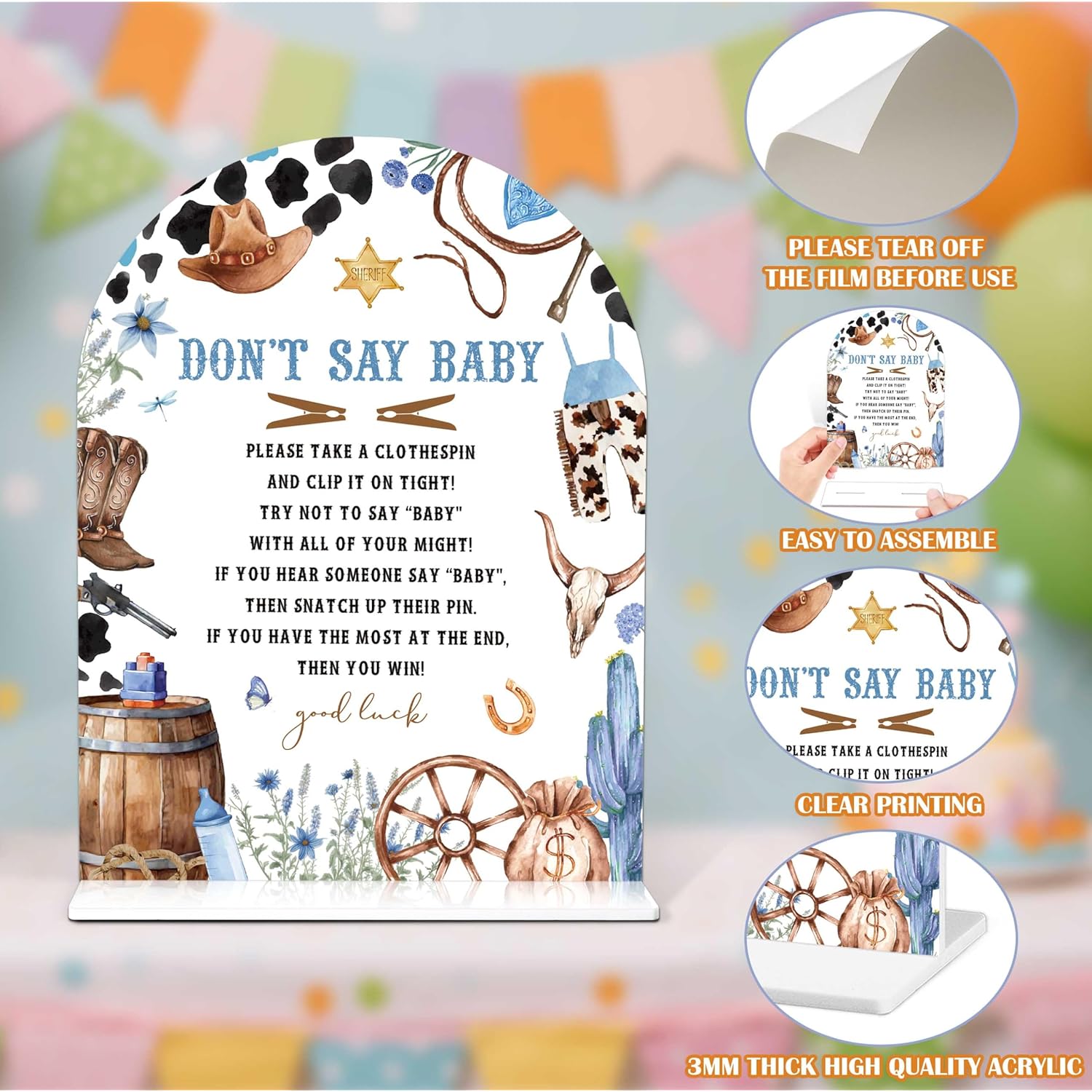 Baby Shower Games - Cowboy Don'T Say Baby Clothespin Game, 1 Arch Acrylic Sign And 50 Mini Clothespins, Gender Reveal Game, Wild West Rodeo Baby Shower Decoration Supplies (Gxb01)