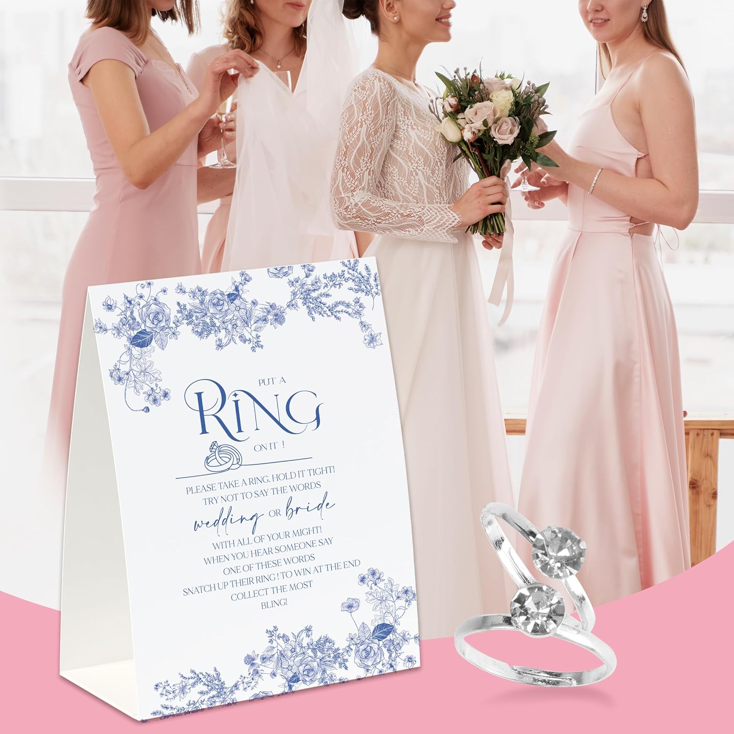 Put A Ring On It Game (50 Rings With One Sign), Don'T Say Wedding Or Bride, Fun Bridal Shower Game, Blue Floral