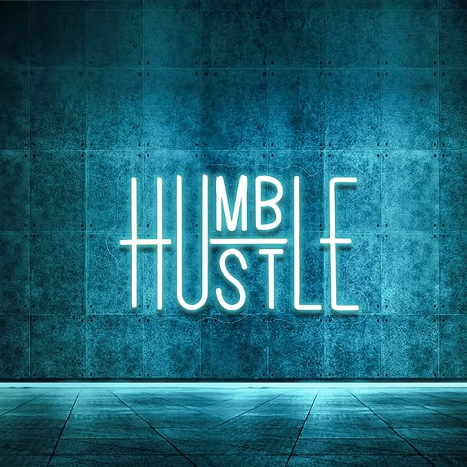 Hustle Neon Sign Blue LED Wall Light USB Dimmable Motivational Decor for Office Gym Gamer Room