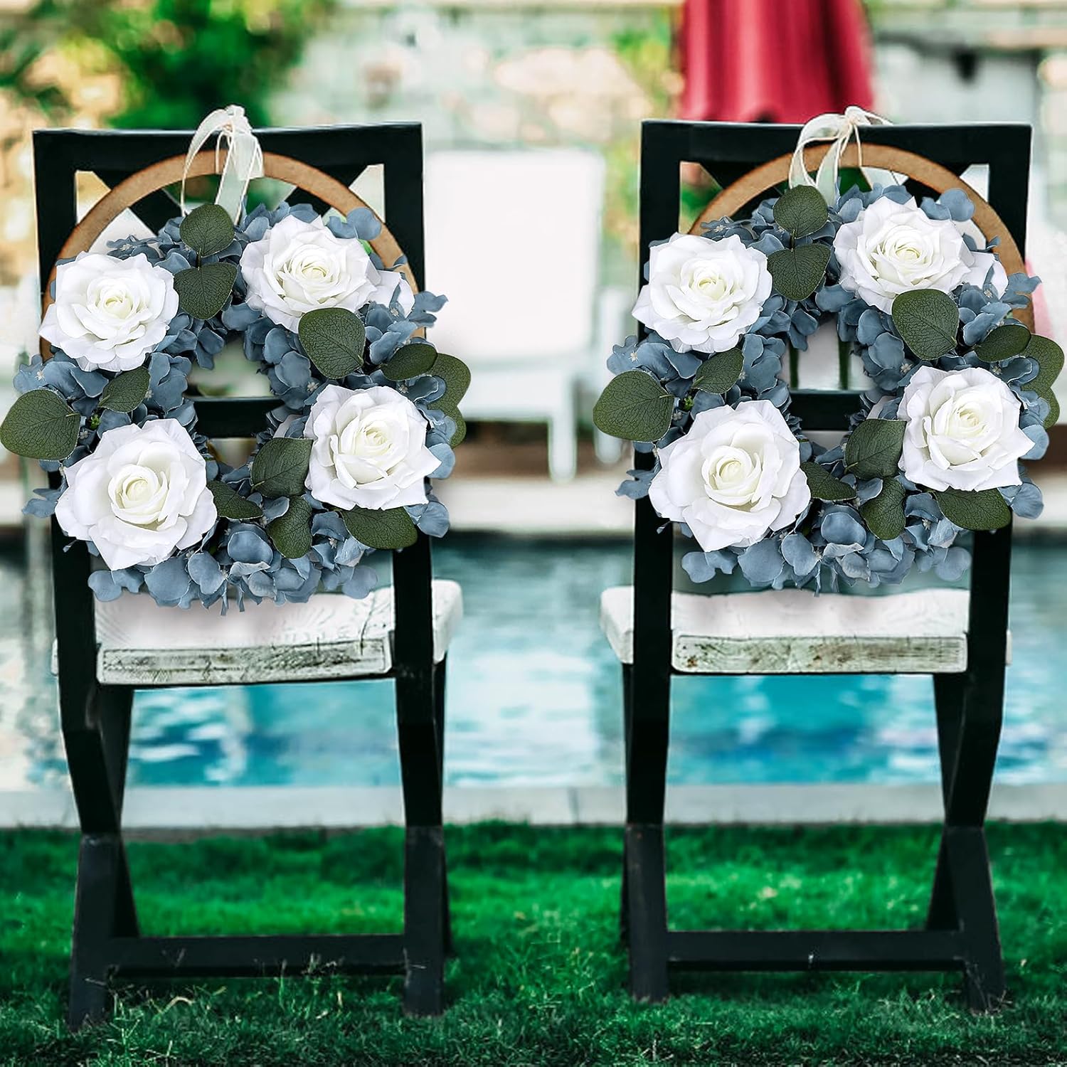 Artificial Flower Candle Rings - 6 Inch Inner Rose Floral Wreaths With Butterflies For Wedding Bridal Event Table Centerpieces Backdrop Decorations (Dusty Blue & White, 2 X Candle Rings)