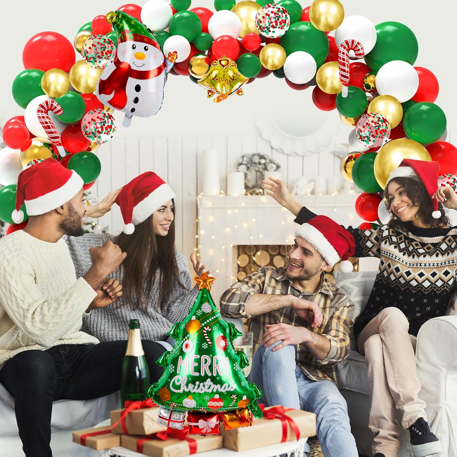 Christmas Balloon Garland Arch Kit, 202 Pcs Xmas Red White Green Gold Balloons With Snowman Candy Cane Santa Claus Foil Balloons For Christmas Party Decorations
