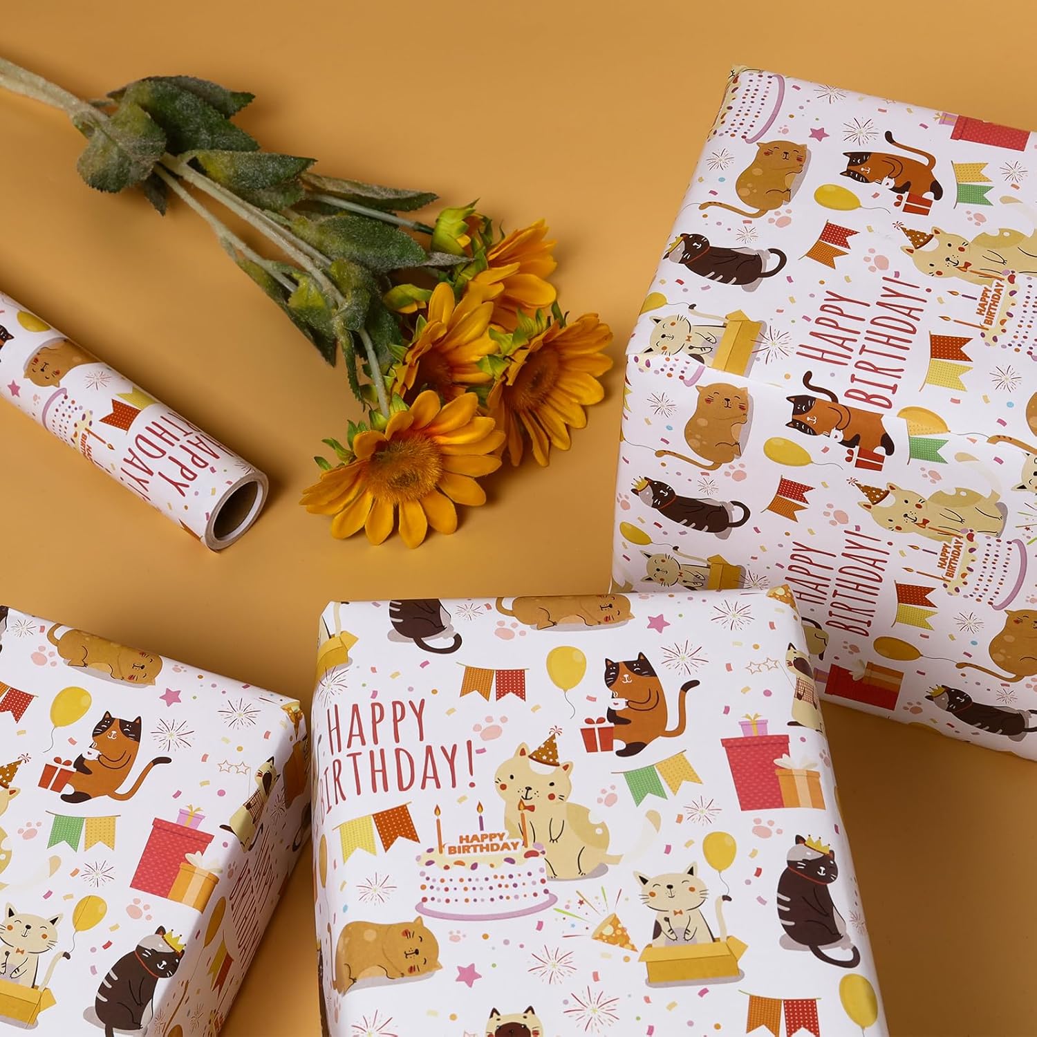Cat Wrapping Paper 17 Inch X 10 Ft Mini Roll For Girls And Boys, Cool Cute Cats Design Kids Happy Birthday Wrapping Paper Roll Kitten Gift Wrap Paper, Suitable For Birthdays, Parties, Baby Showers
