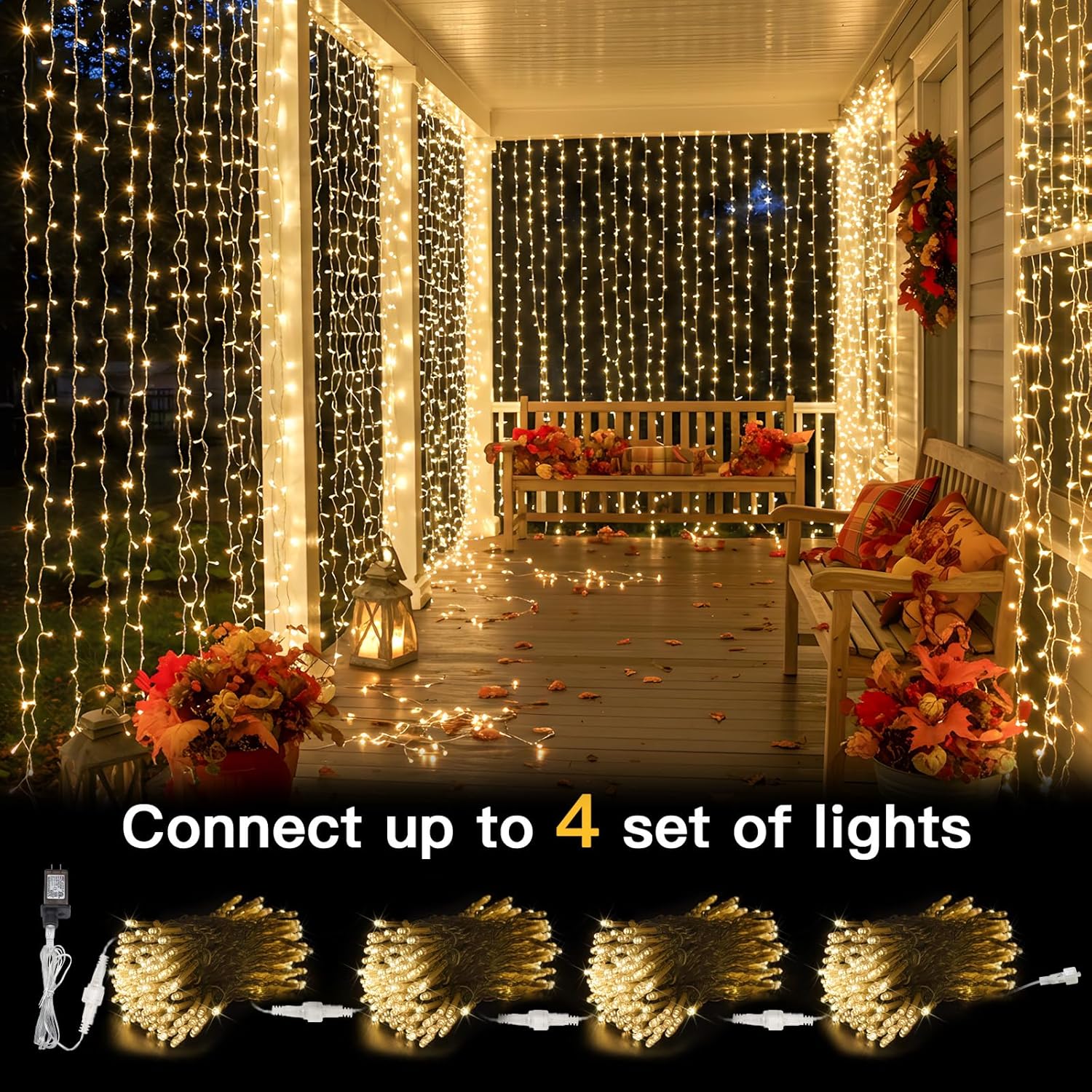 Curtain Lights For Bedroom, 300 Led 9.8X9.8Ft Hanging String Lights Outdoor, Fairy Curtain Lights Indoor For Christmas,