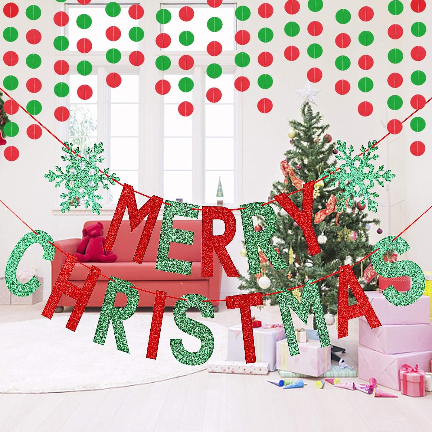 Red And Green Merry Christmas Banner Merry Christmas Garland Banner, Christmas Party Banner Merry Xmas Banner For Xmas Holiday Fireplace Mantle Home Decor