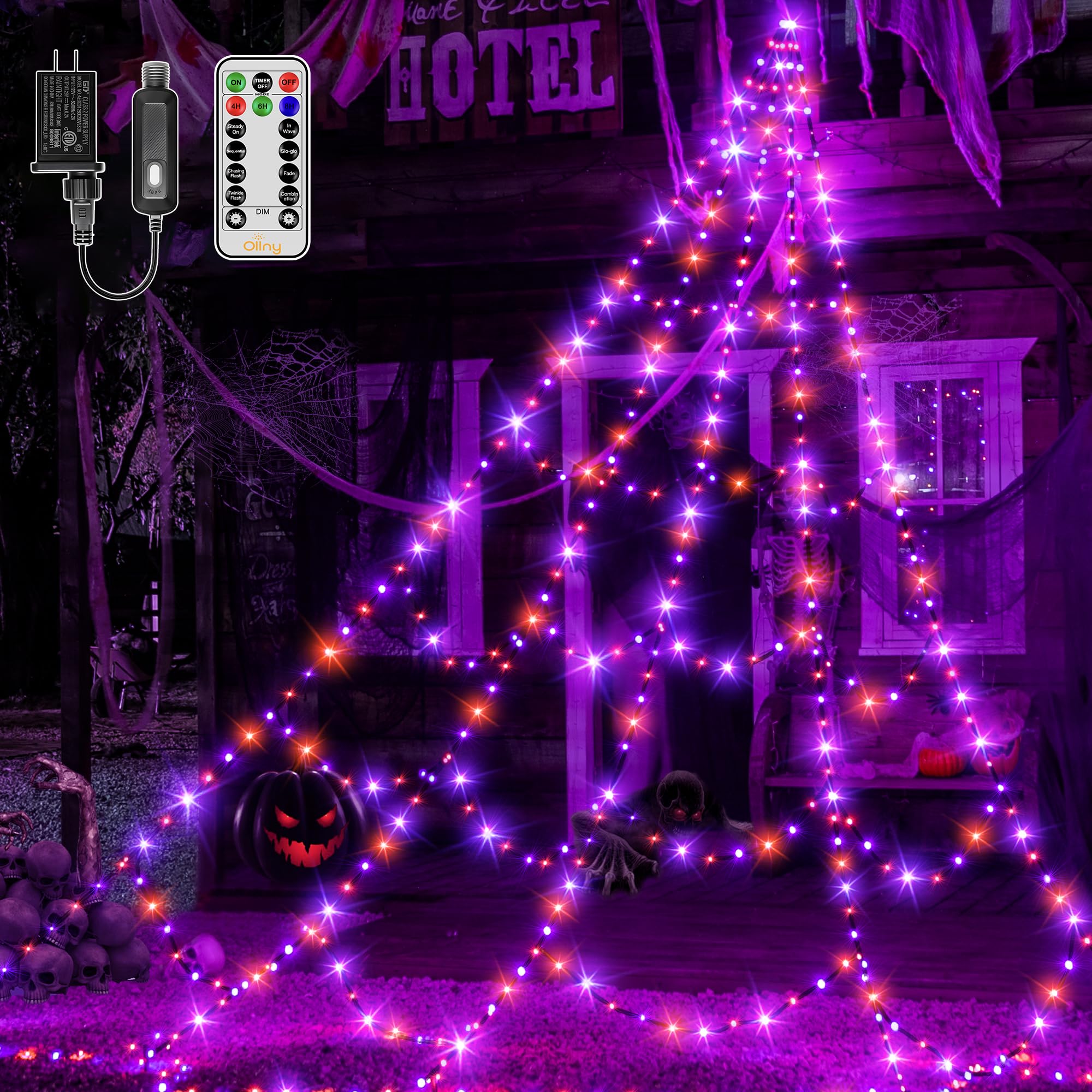 Halloween Lights Outdoor 454 LED Spider Web Lights Orange & Purple
