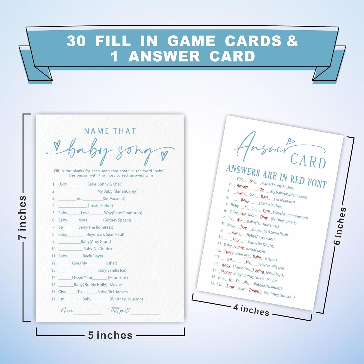 Name That Baby Song Game Set For Baby Shower - Minimalism White & Blue - 30 Double-Sided Fill In Style Game Cards & 1 Answer Card For Gender Reveal, Baby Announcement, Party Favor & Supplies - C04