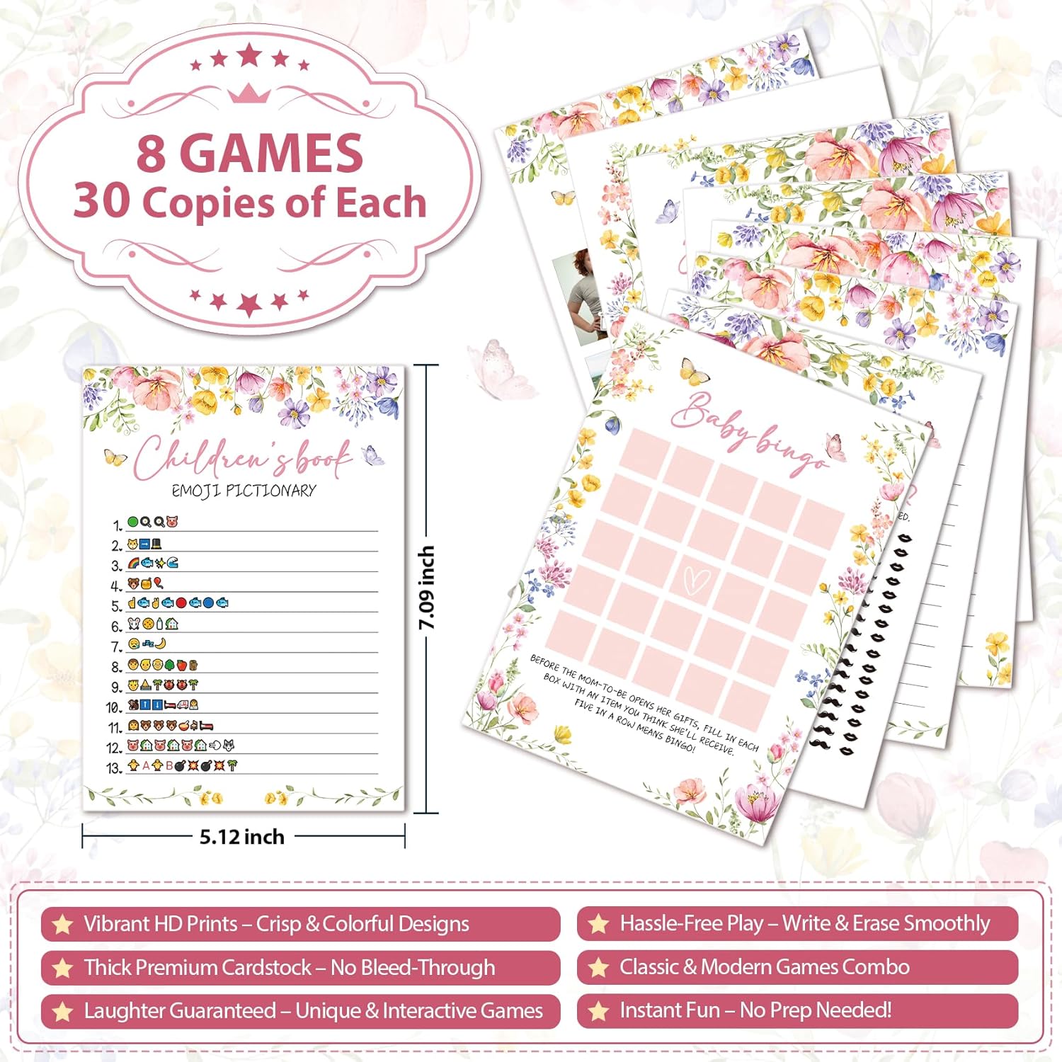 Baby Shower Games For Girl Wildflowers, How Big Is Mommy'S Belly, Bingo Game, Bump Or Beer Belly, Guess Who Mommy Or Daddy Children'S Book Emoji Pictionary, Word Scramble, Price Is Right