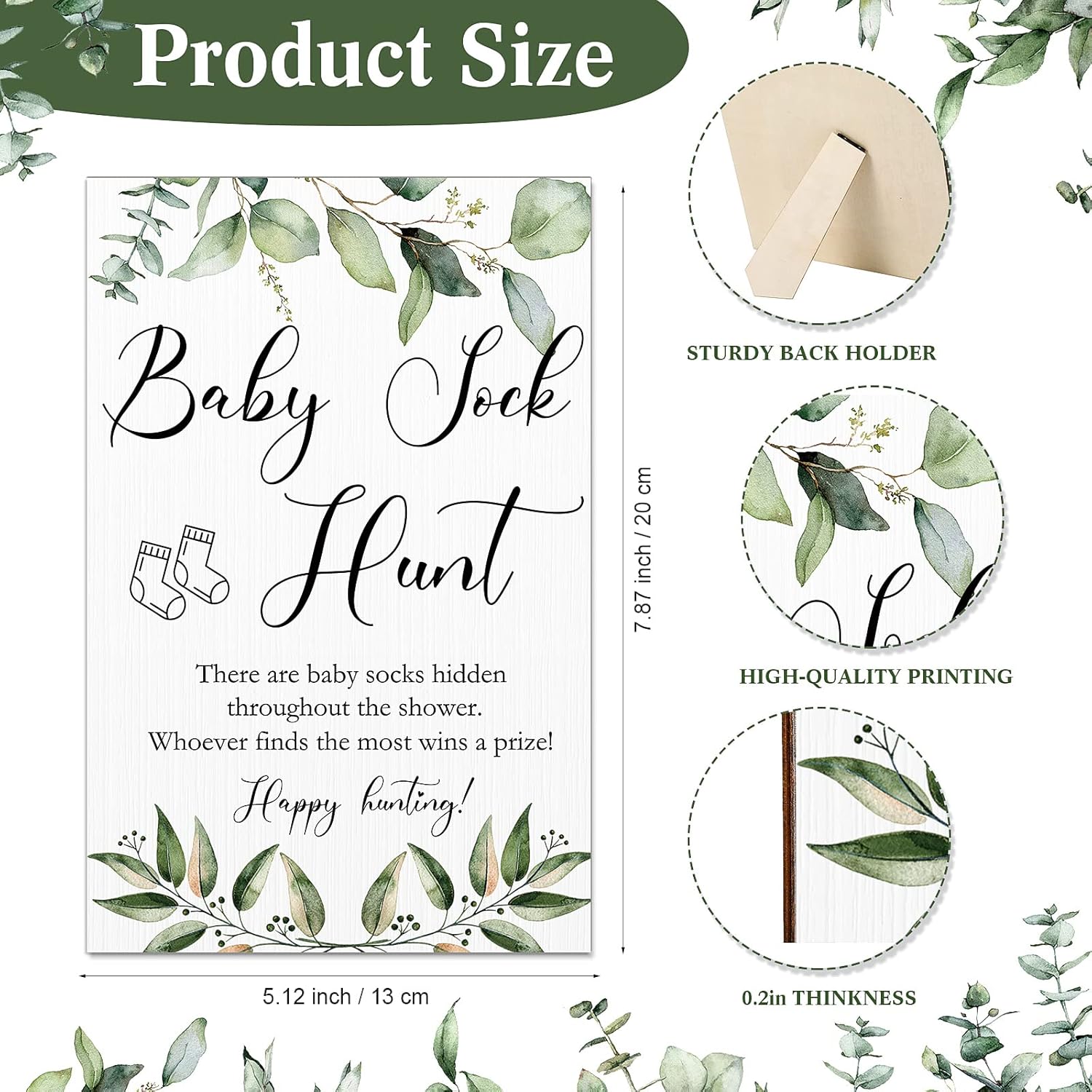 Baby Shower Games Sock Hunt Sign Wooden Tabletop Decor Greenery Gender Reveal Party Supplies Rustic Gift Sets Wooden Baby Shower Favors For Boy Girl, 5.12 X 7.87 X 0.2 Inch