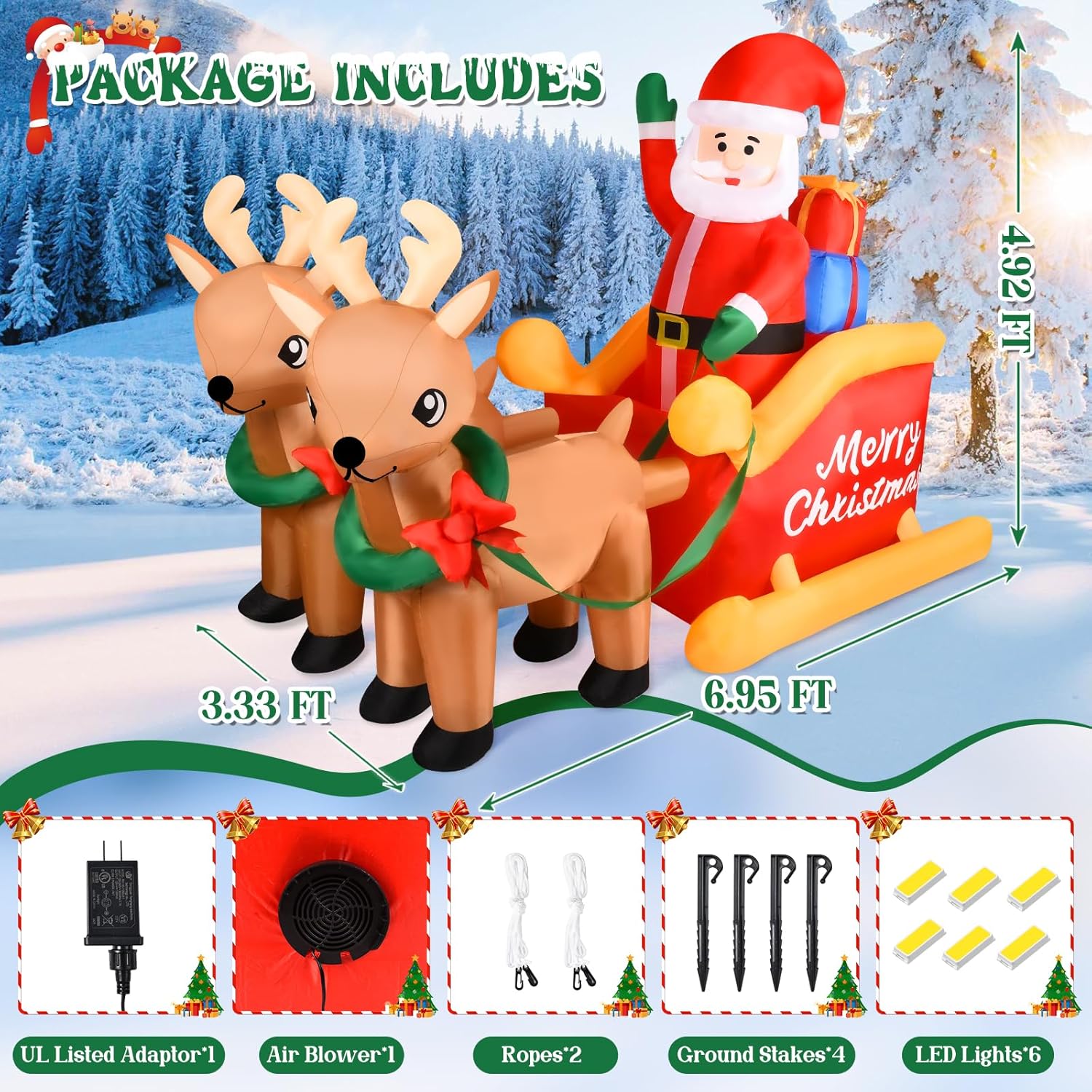 7 Ft Christmas Inflatable Decorations Santa Claus Sleigh With 2 Reindeer & Present With Built-In Led Lights, Blow Up Yar