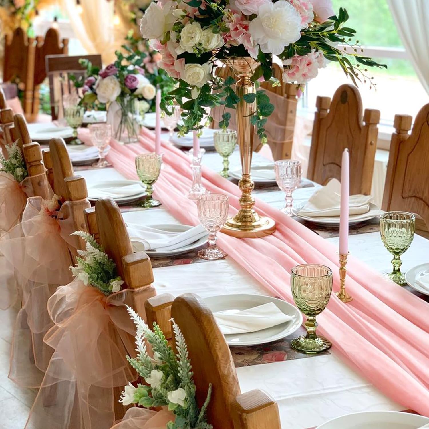 10 Pack 10Ft Baby Pink Chiffon Table Runners Wedding Table Runner Sheer Romantic Tulle Table Runner For Christmas Wedding Bridal Tea Party Baby Shower Birthday Party Table Decorations(120 X 12 In)