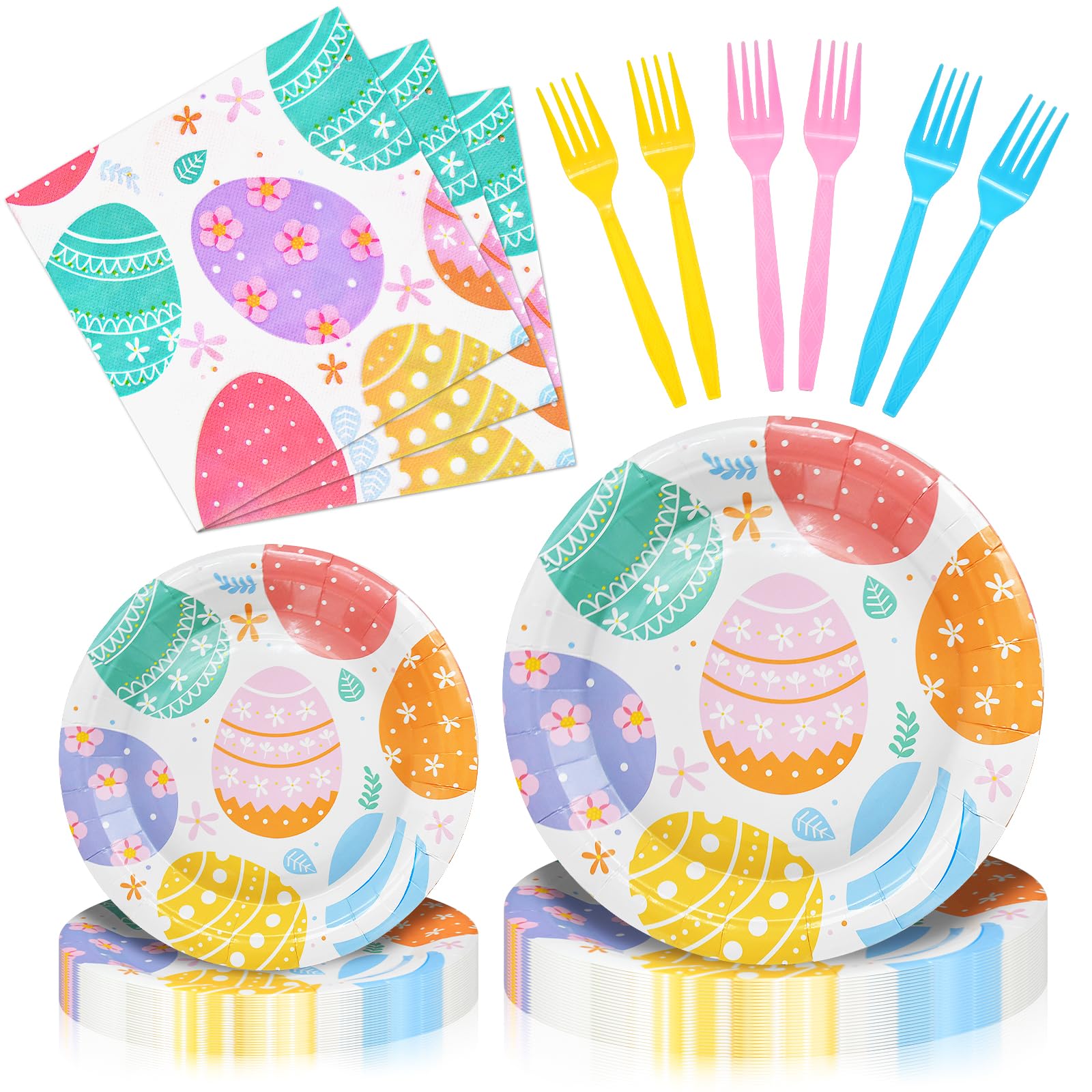 96 Pieces Easter Day Tableware Set Party Supplies - Colorful Eggs Pattern Disposable Dinnerware with Paper Plates, Napkins, Forks for Spring Celebrations Picnic Favors