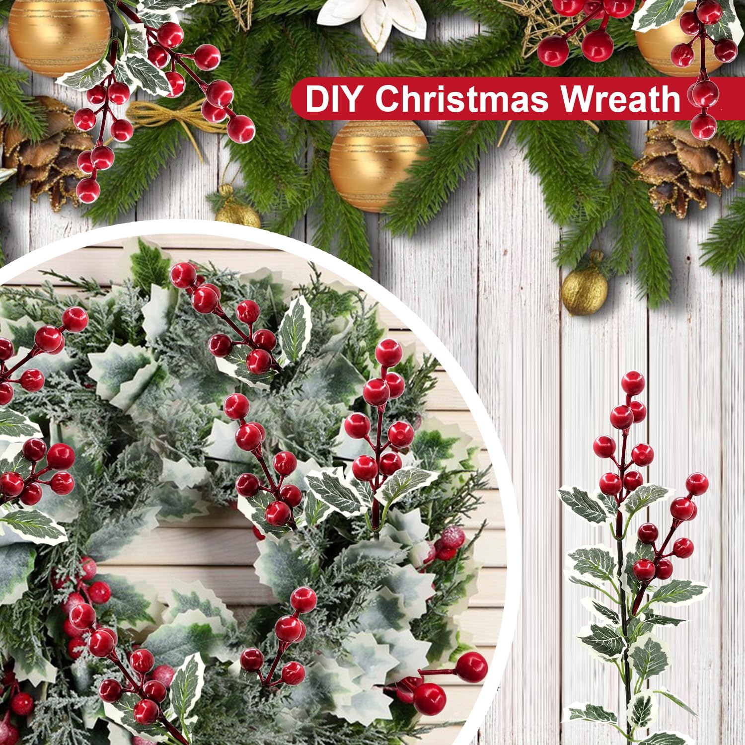 10 Pcs Christmas Flowers Artificial Red Berry Picks Decor, Holly Berries Stems, Christmas Tree Decoration, Winter Bouquet Silk Floral Arrangements Home Outdoor Indoor Ornaments