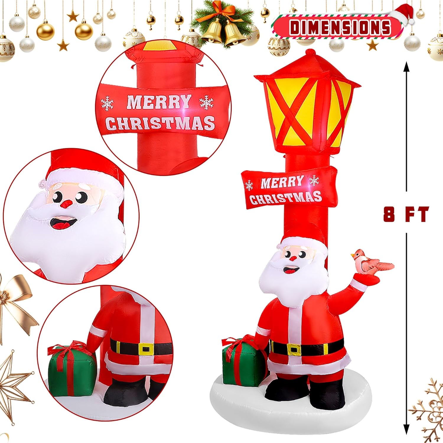 8Ft Christmas Inflatable Yard Decoration, Giant Blow Up Lighthouse With Santa And Redbird With Built-In Led Lights For F