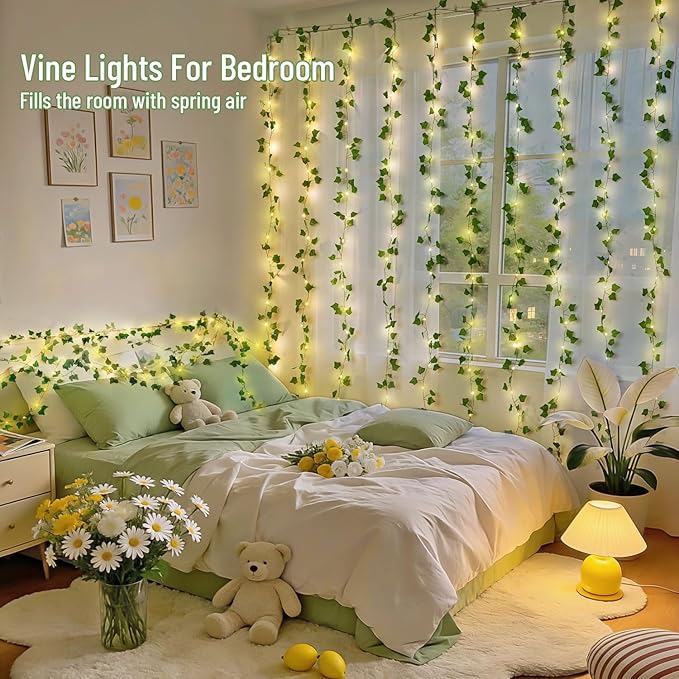200 LED Ivy Vine Fairy Lights with Remote 6.5FT x 6.5FT Artificial Leaf String Lights for Bedroom Wall Curtain Wedding Party Christmas Indoor Decor