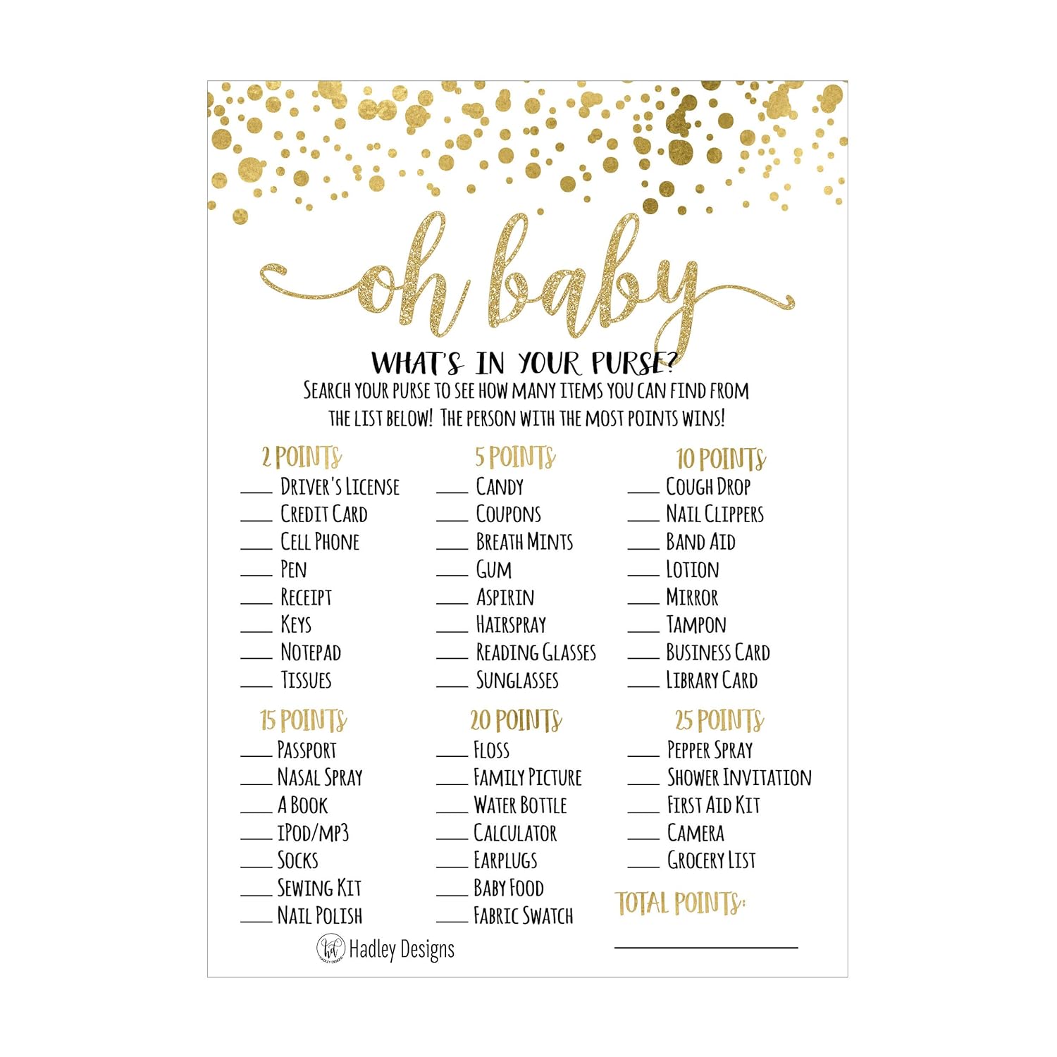 Baby Shower Games For 25 Guests - Gold Dots Whats In Your Purse Baby Shower Game, Babyshower Games Boy Girl Gender Neutral, What'S In Your Purse Gender Reveal Game, Made In Usa