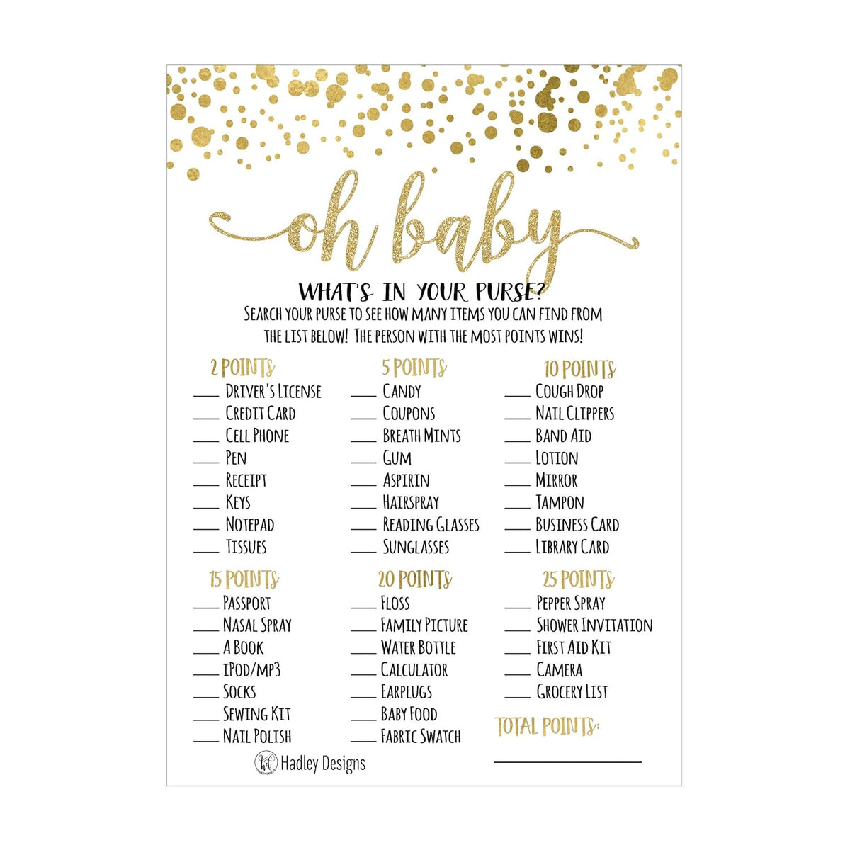 Baby Shower Games For 25 Guests - Gold Dots Whats In Your Purse Baby Shower Game, Babyshower Games Boy Girl Gender Neutral, What'S In Your Purse Gender Reveal Game, Made In Usa
