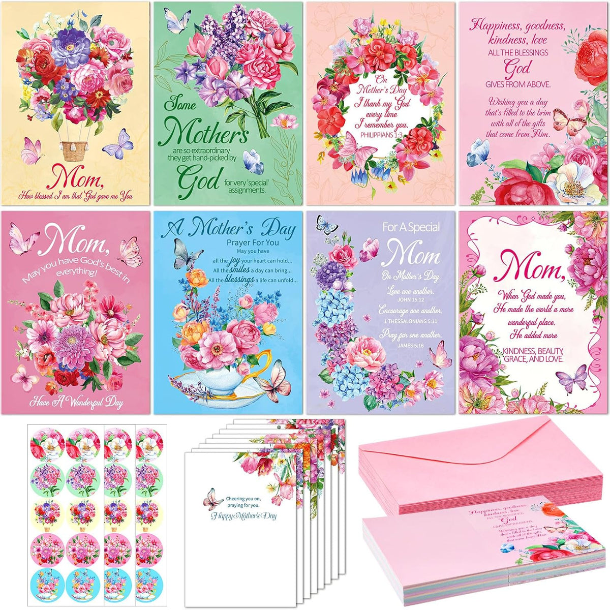 24 Pack Christian Mothers Day Religious Cards With Envelopes For Mom Floral Mothers Day Christian Greeting Cards For Prayer Gifts(Elegant Style)