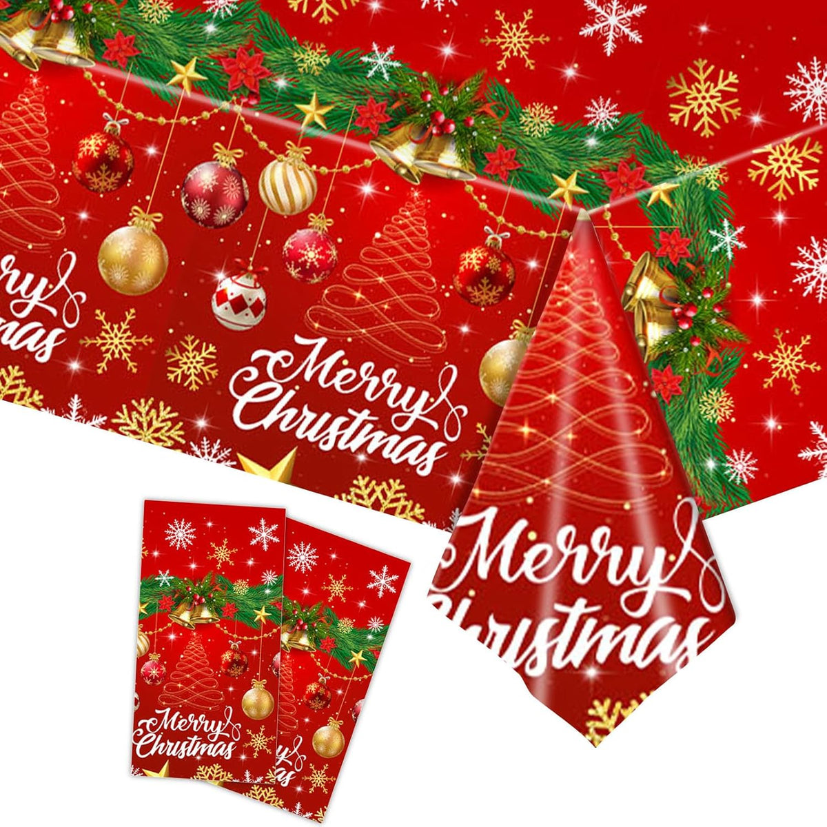 Merry Christmas Tablecloth, 2 Pack Plastic Red Disposable Rectangle Santa Claus Snowman Xmas Table Cloth Cover For Winter Christmas Party Decorations, 54 X 108 Inch