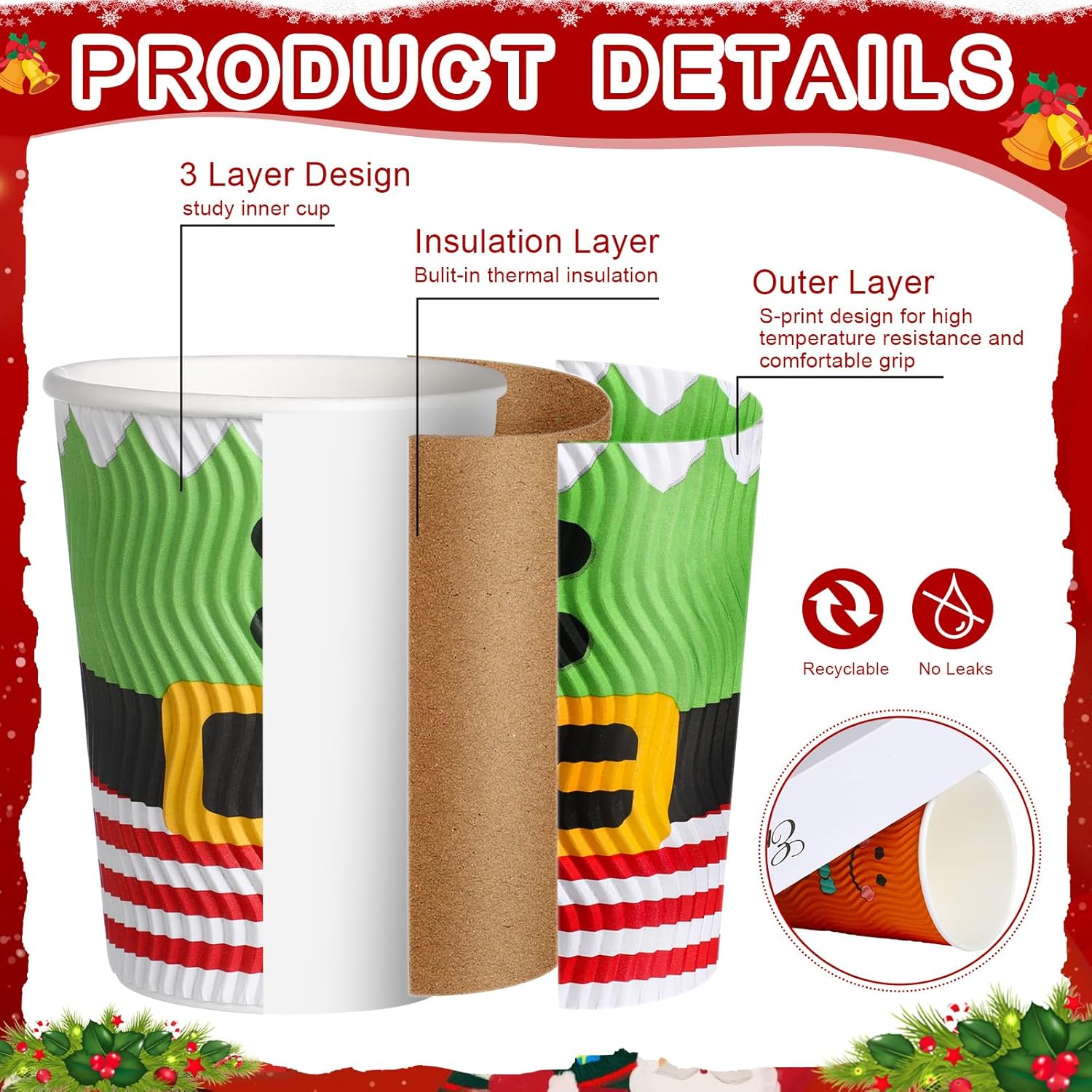 100 Sets Christmas Disposable Coffee Cups 12 Oz Insulated Ripple Wall Paper Cup With Lid, Xmas Disposable Coffee Espresso Cups Tea Cups For Cold Hot Liquids Drinking Party Supplies (Cute)