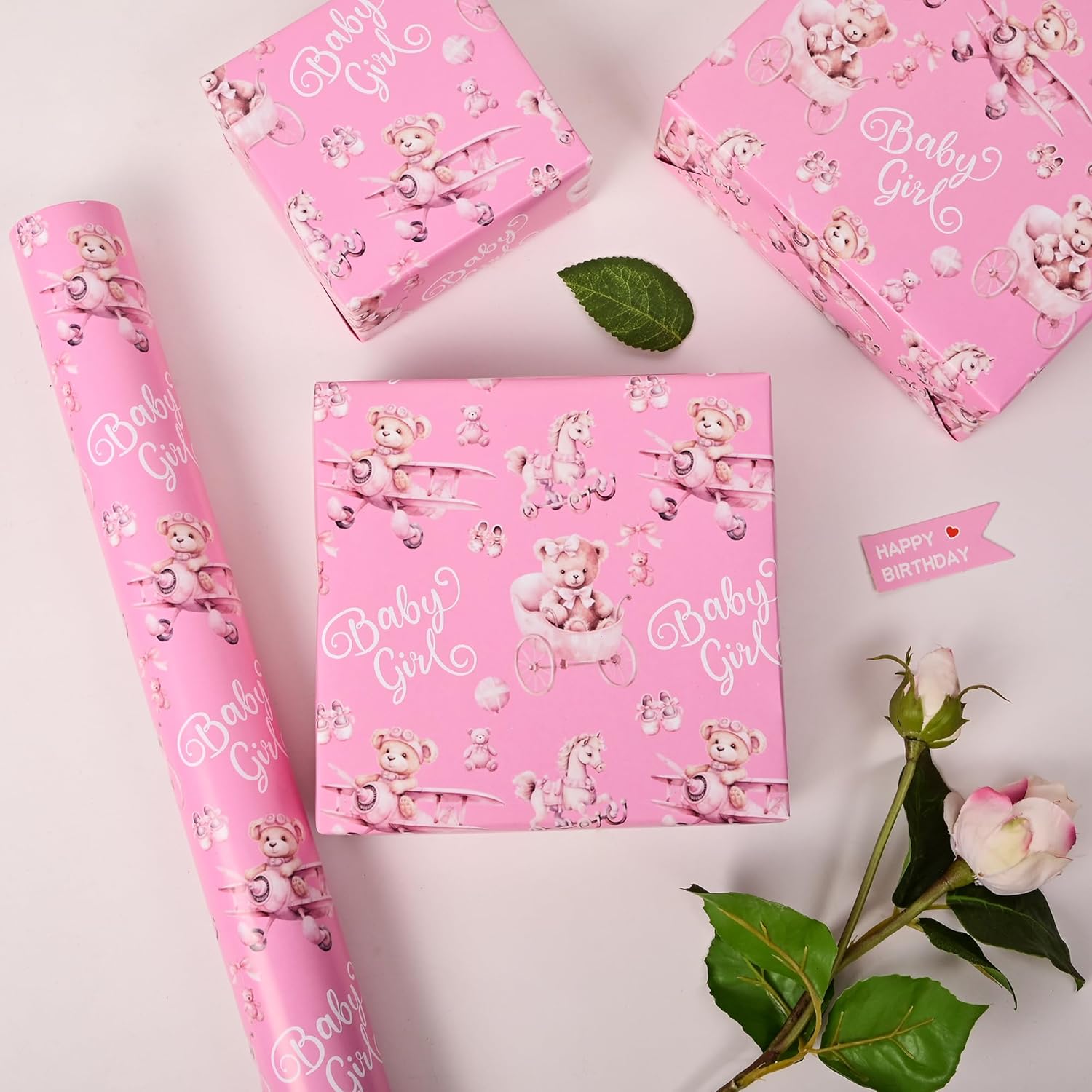 Baby Girl Reversible Wrapping Paper Roll For Kids Girls Women - Pink Bear Airplane And Baby Feet Design For Birthday Present New Baby Shower Decoration Total 28.5Sq.Ft
