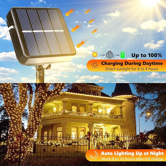 2 Pack Solar Fairy Lights Outdoor 80FT 240 LED Warm White String Lights Waterproof with 8 Lighting Modes for Patio Garden Fence Holiday Decor