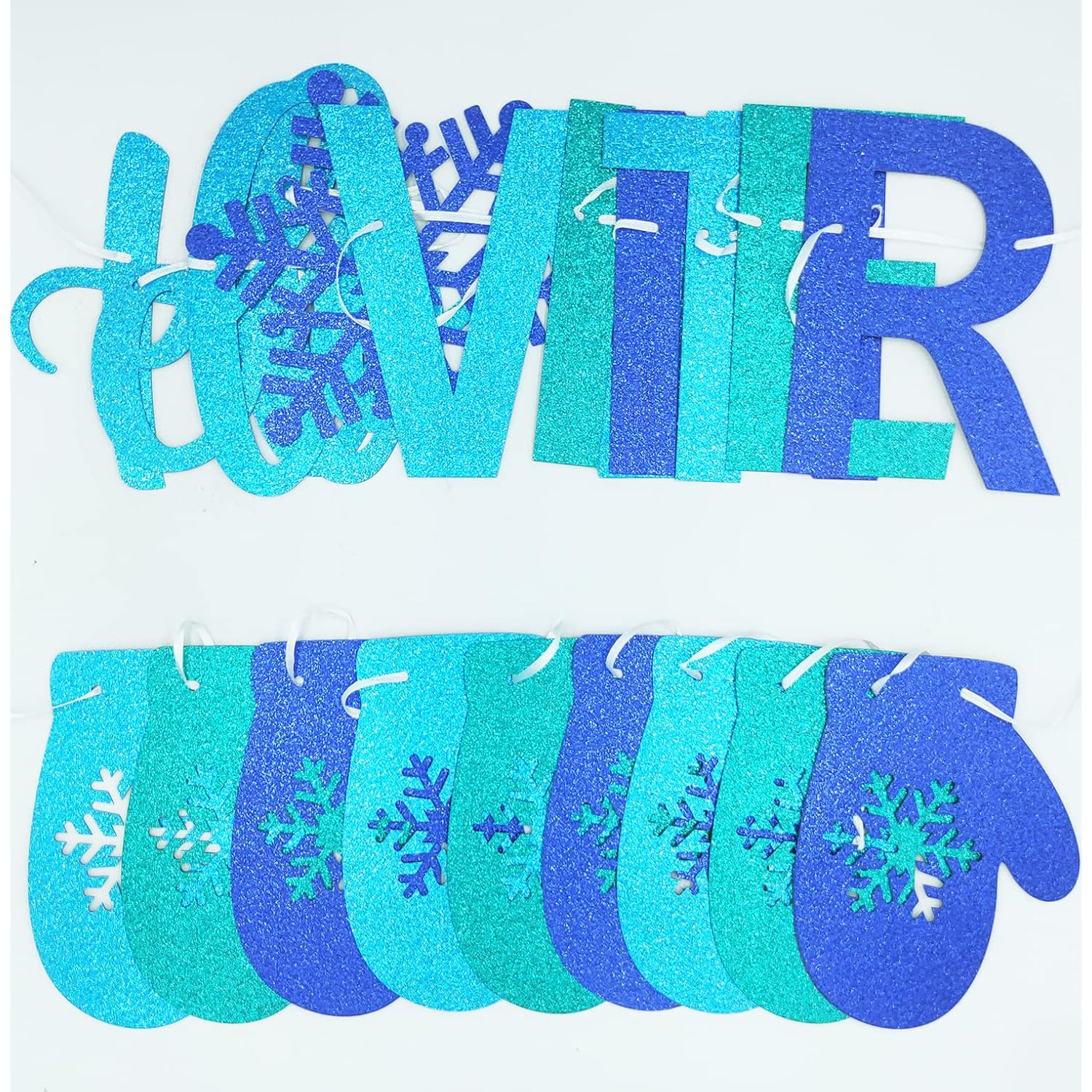Glitter Hello Winter Banner With Snowflake Signs And Blue Glittery Gloves - Snowflake Garland For Christmas Holiday, Winter Wonderland Birthday, Baby Shower Party Mantle Decorations