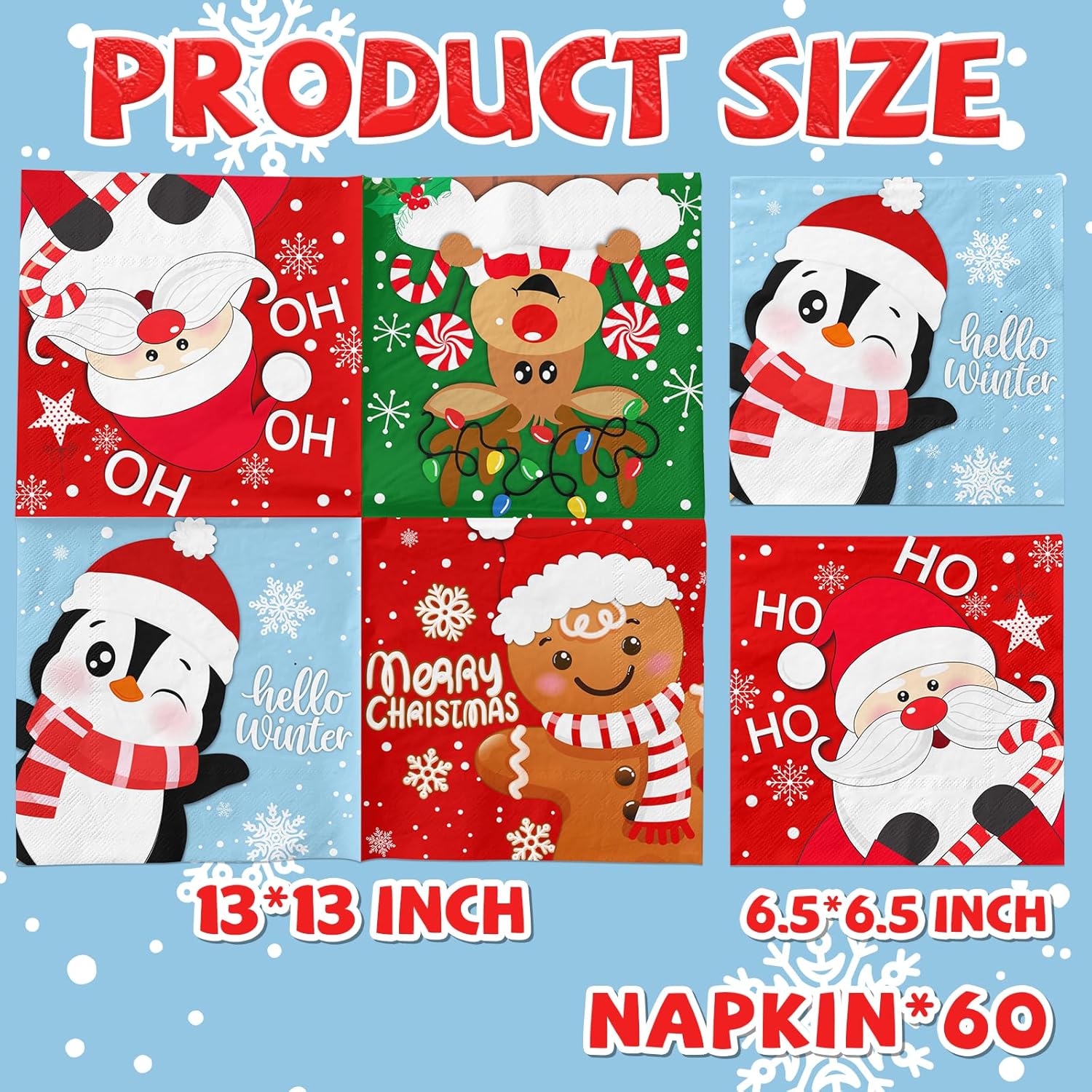 60Pcs Christmas Napkins Paper Red And Green Napkins Winter Paper Napkins With Santa Claus Reindeer Gingerbread Snowflakes Xmas Napkin Holiday Napkin For Party Birthday Dinner Kitchen Bathroom