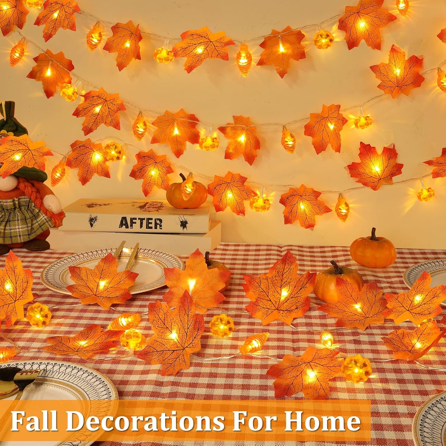 2 Pack & Timer Fall Thanksgiving Garland With Pinecone Pumpkin Lights Total 13Ft 60Led Enlarged Maples Leaves Garland Fa