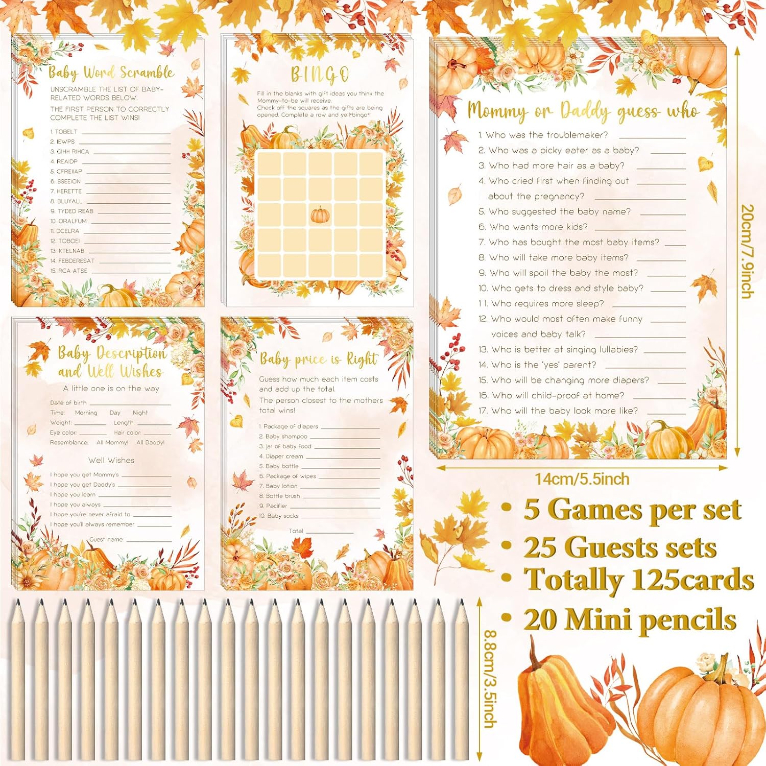 145Pcs Fall Pumpkin Baby Shower Games 5 Set Game Activity Cards With 20 Pencils For Boy Girl, Description And Wishes, Baby Price, Word Scramble Game Pumpkin Decor