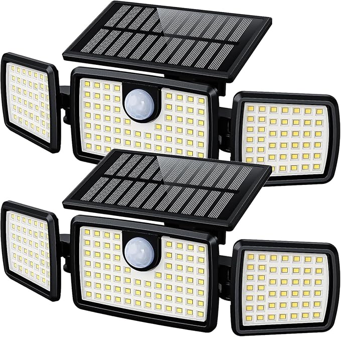 2 Pack 2500LM Solar Flood Lights 270° Wide Angle 3 Head Motion Sensor Security Lights