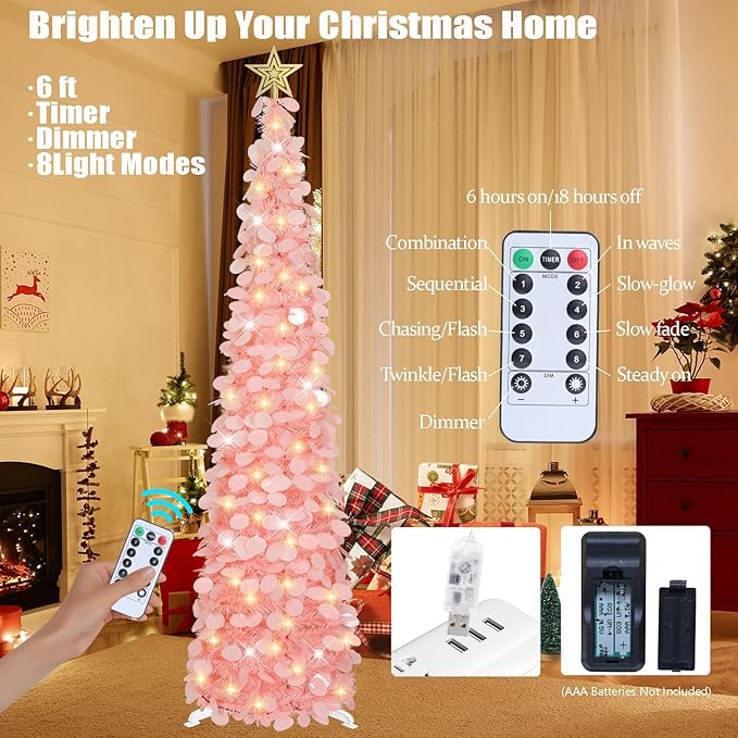 6 Ft Pop Up Christmas Tree With 100 Led Timer Lights & Remote, Pink Collapsible Christmas Tinsel Tree Artificial Pencil Tree Xmas Decoration For Holiday Home Office Party, Usb Powered